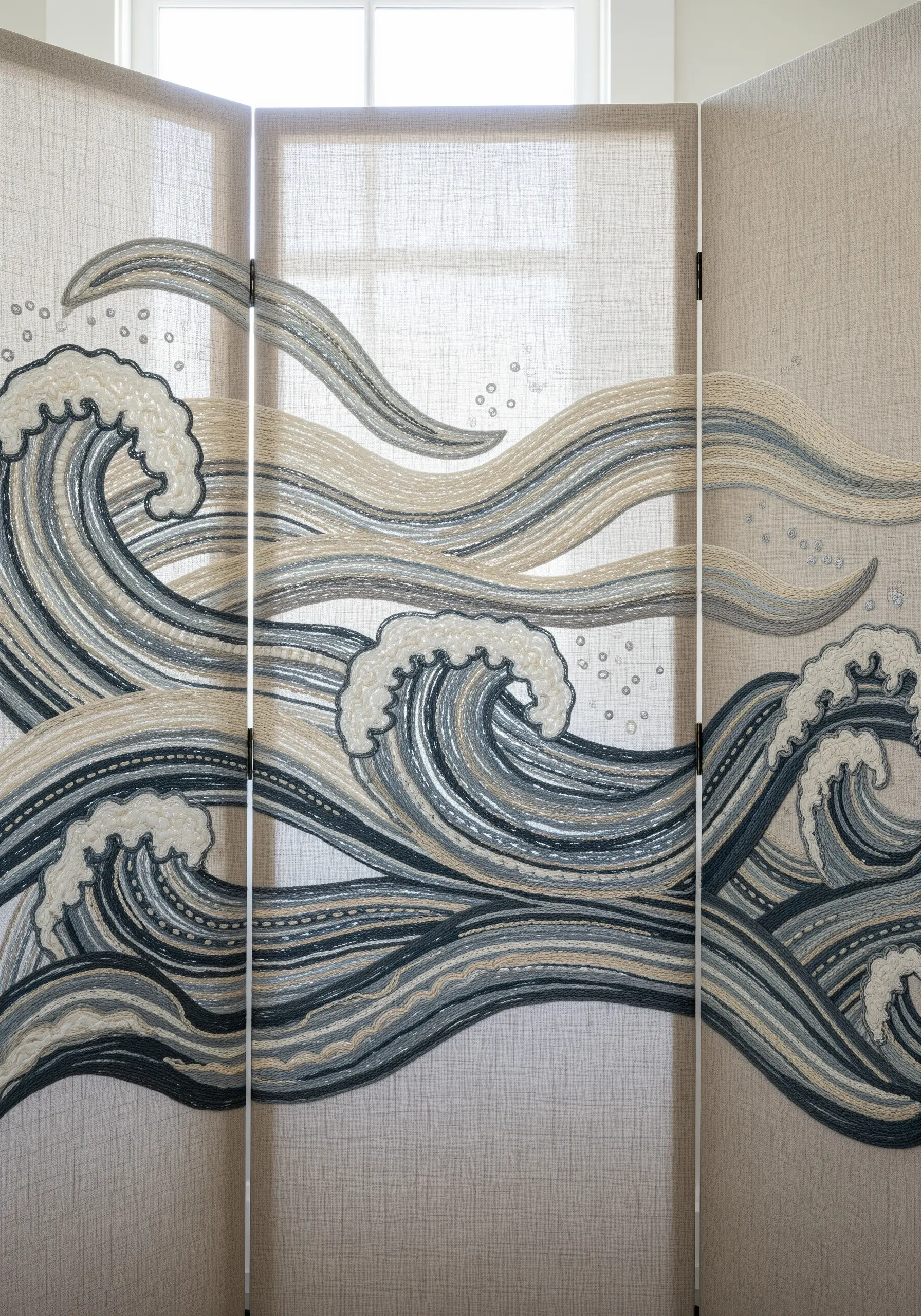 A multi-panel room divider embroidered with stylized ocean waves in neutral tones.