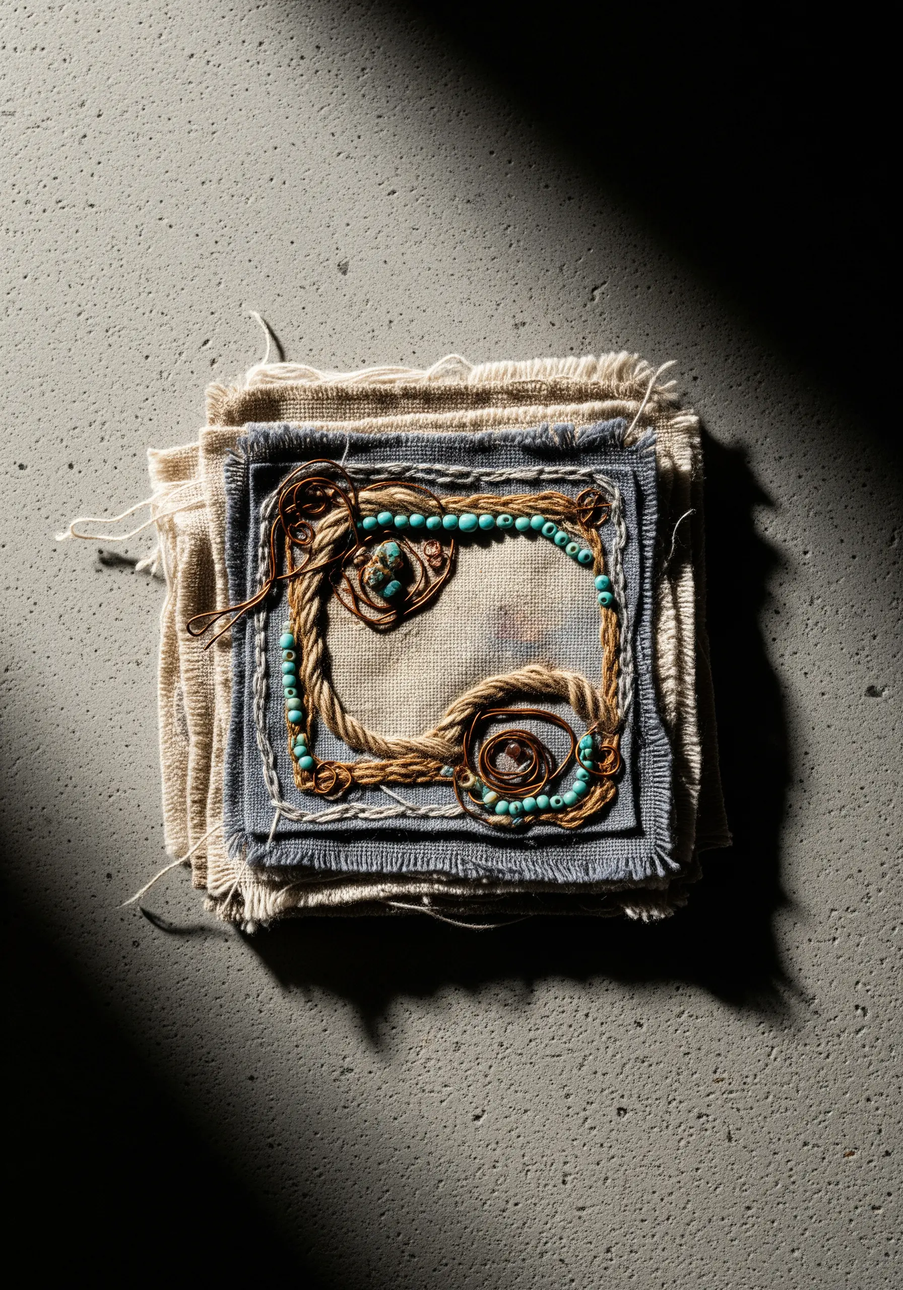 A mixed-media fiber art piece with layered, frayed fabrics, beads, and wire.