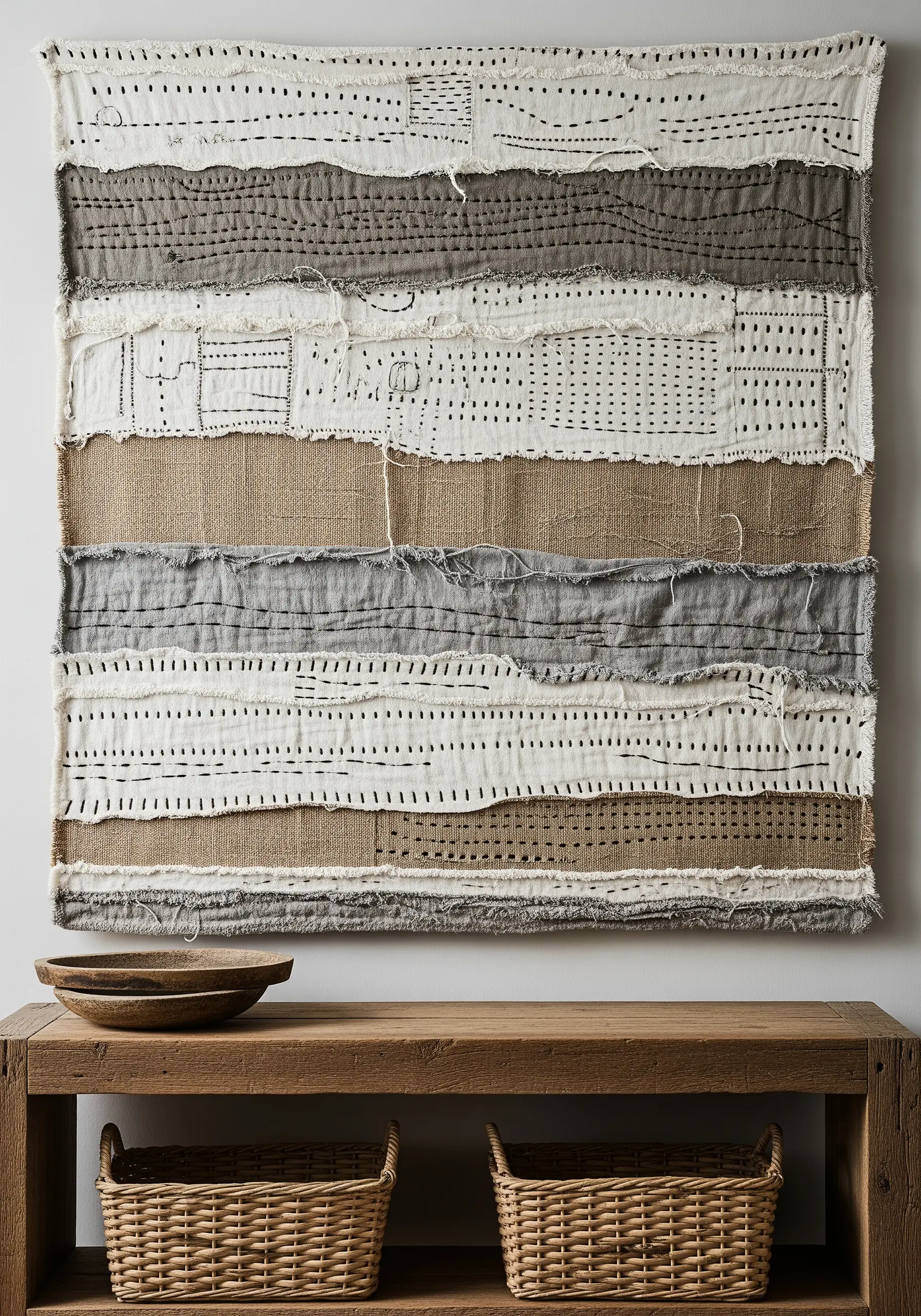 A wall hanging made of layered neutral fabric strips with visible running stitches.