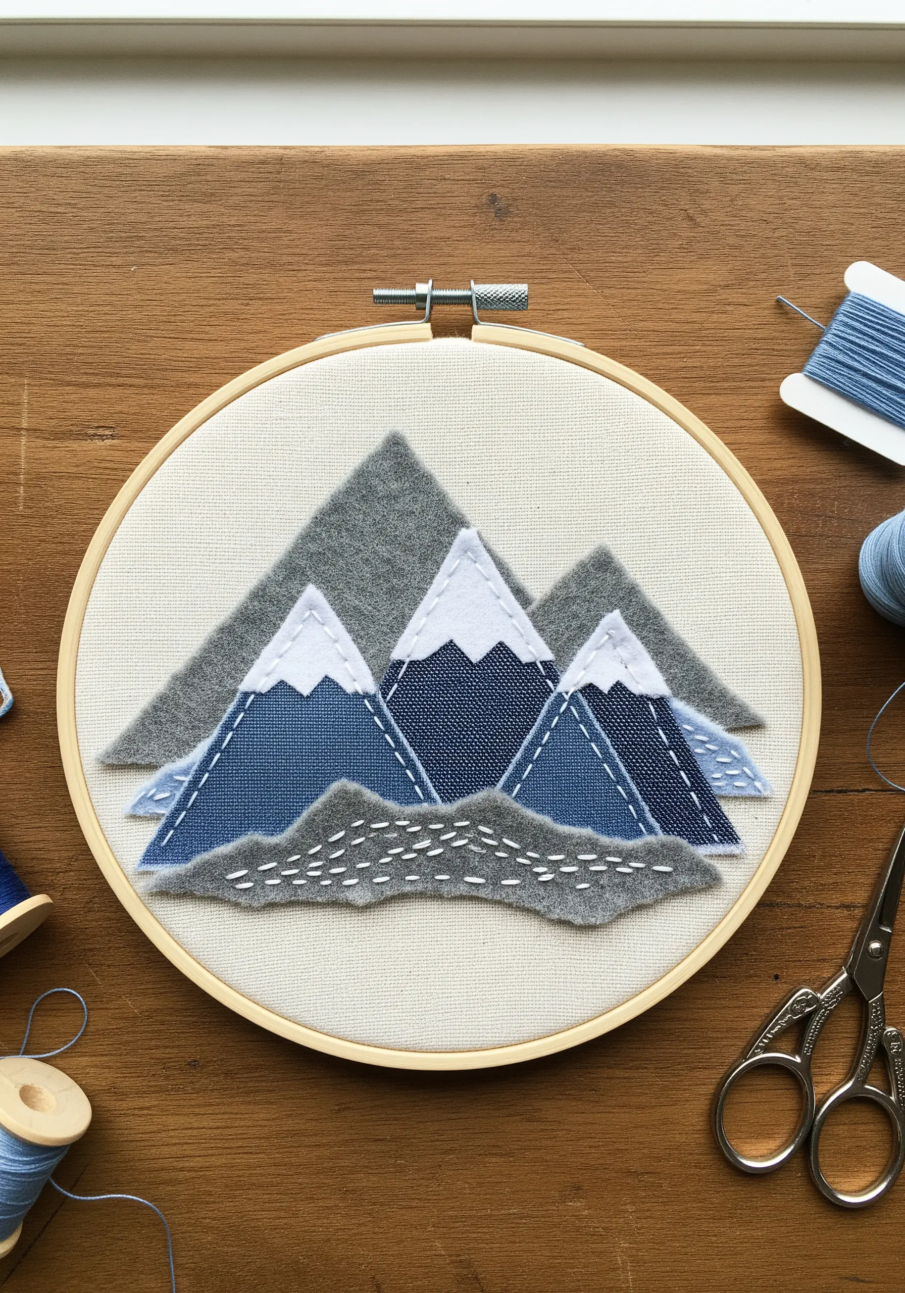 Fabric collage mountain landscape with white running stitches.