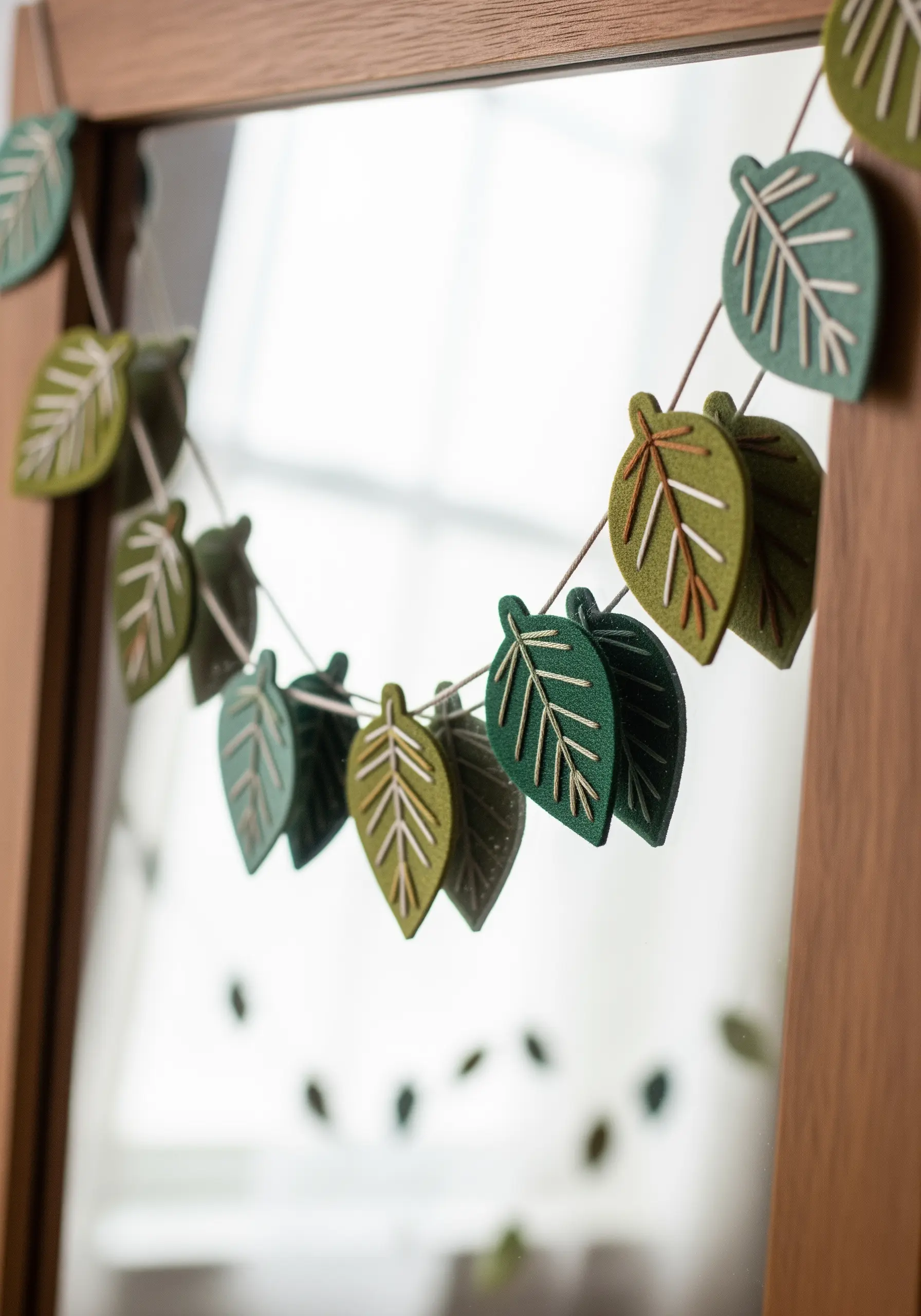 A garland made of layered green felt leaves with simple white stitched veins.