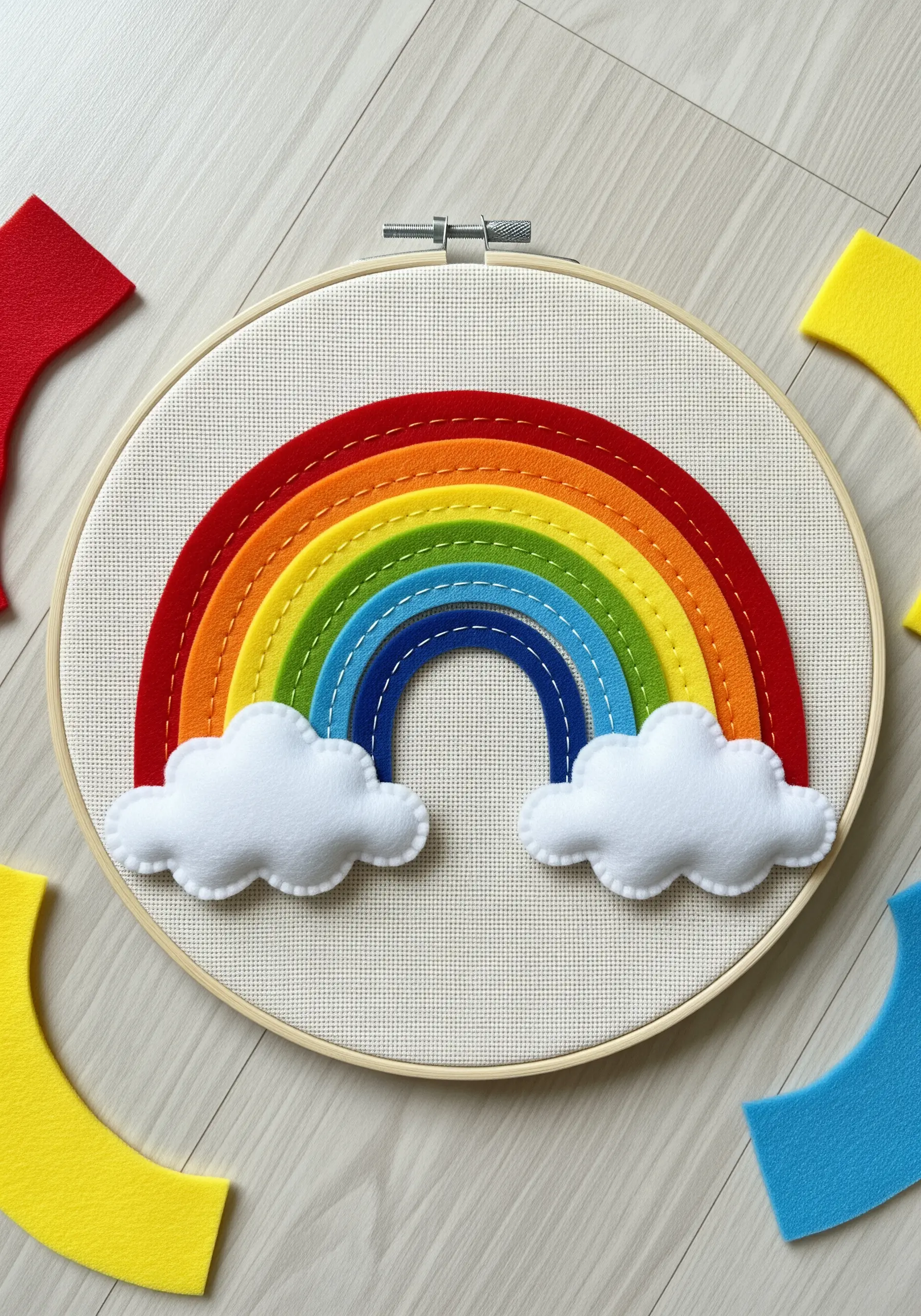 A bright, layered felt rainbow with two white felt clouds.