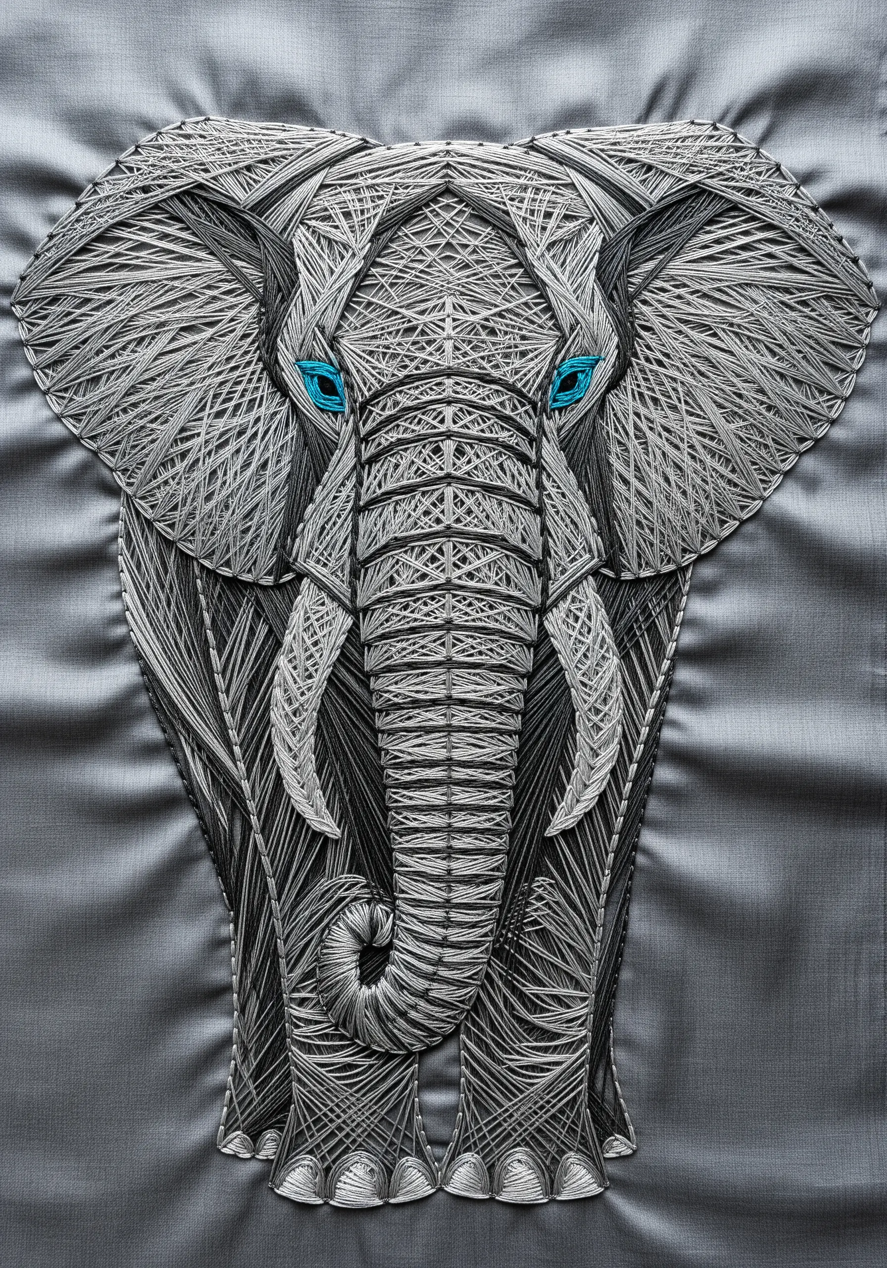 Highly detailed elephant string art embroidery with layered gray threads and vibrant blue eyes.
