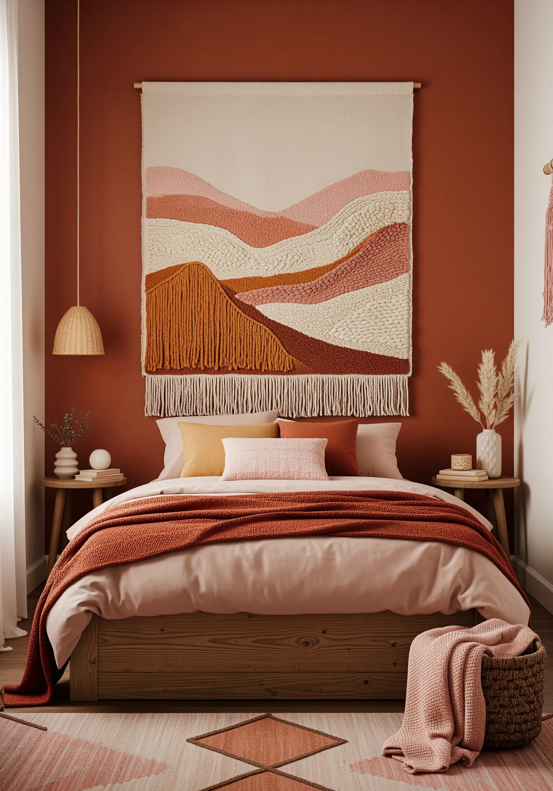 A large woven and embroidered wall hanging depicting an abstract landscape in warm, earthy tones.