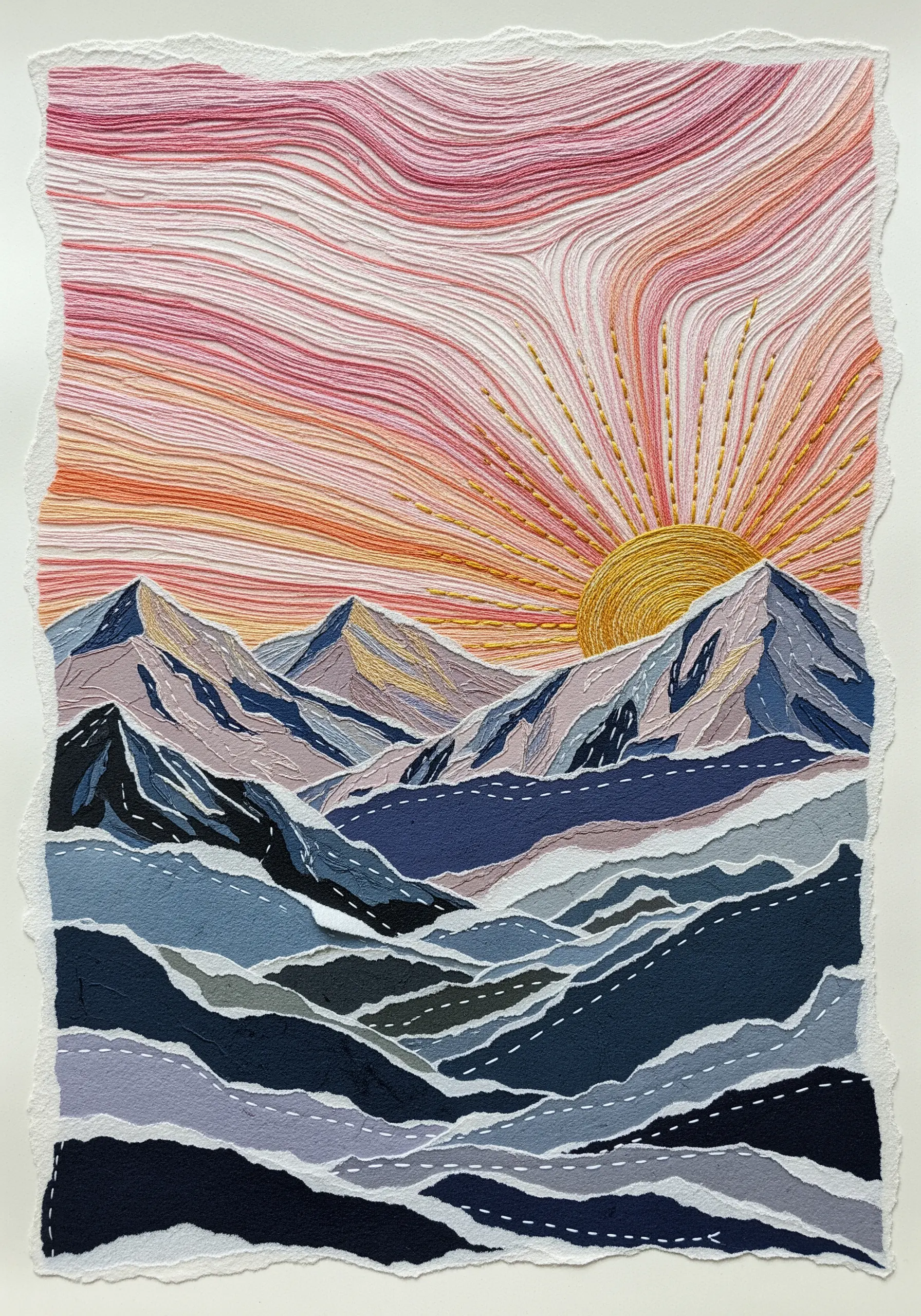 Abstract landscape combining torn paper collage and long-stitch embroidery.