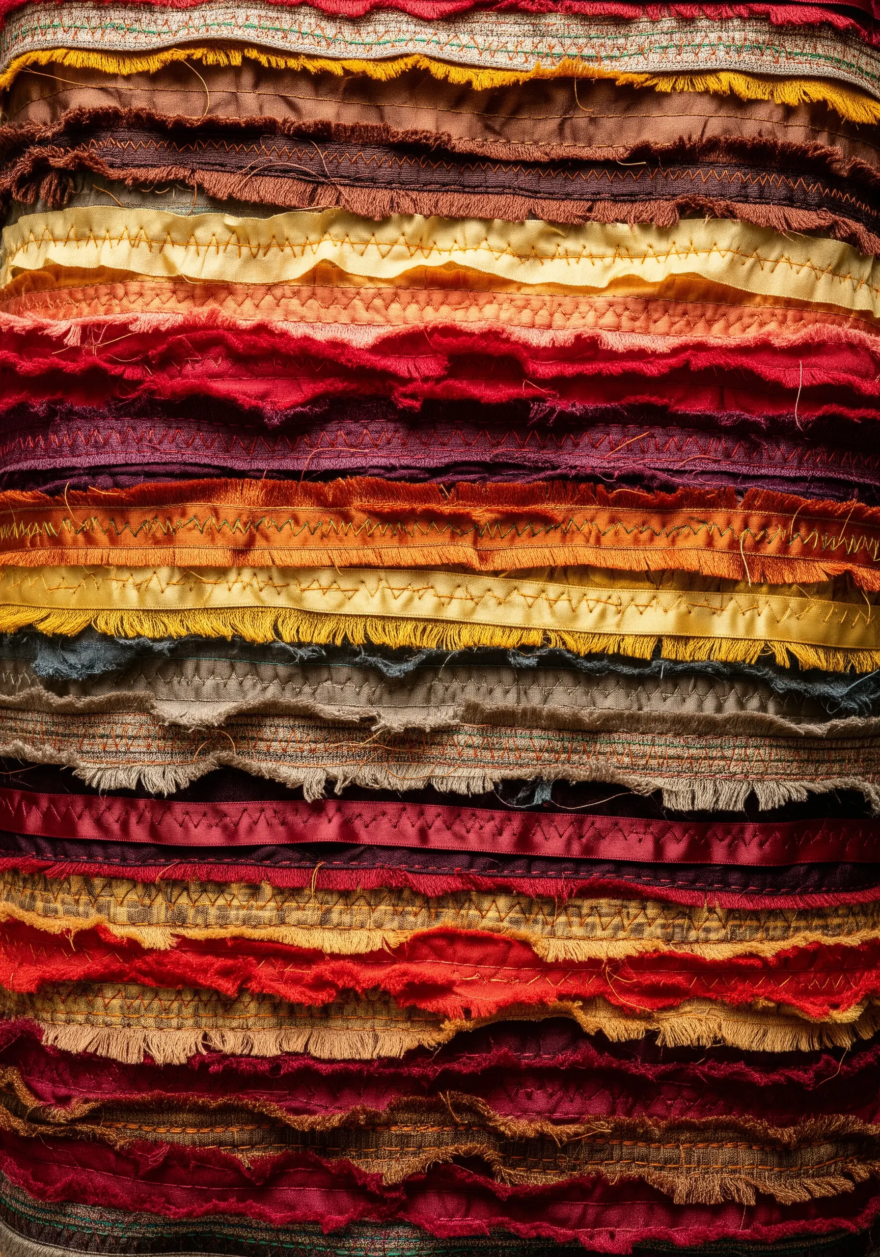 Horizontal layers of torn, raw-edged fabric in rich reds, yellows, and browns.