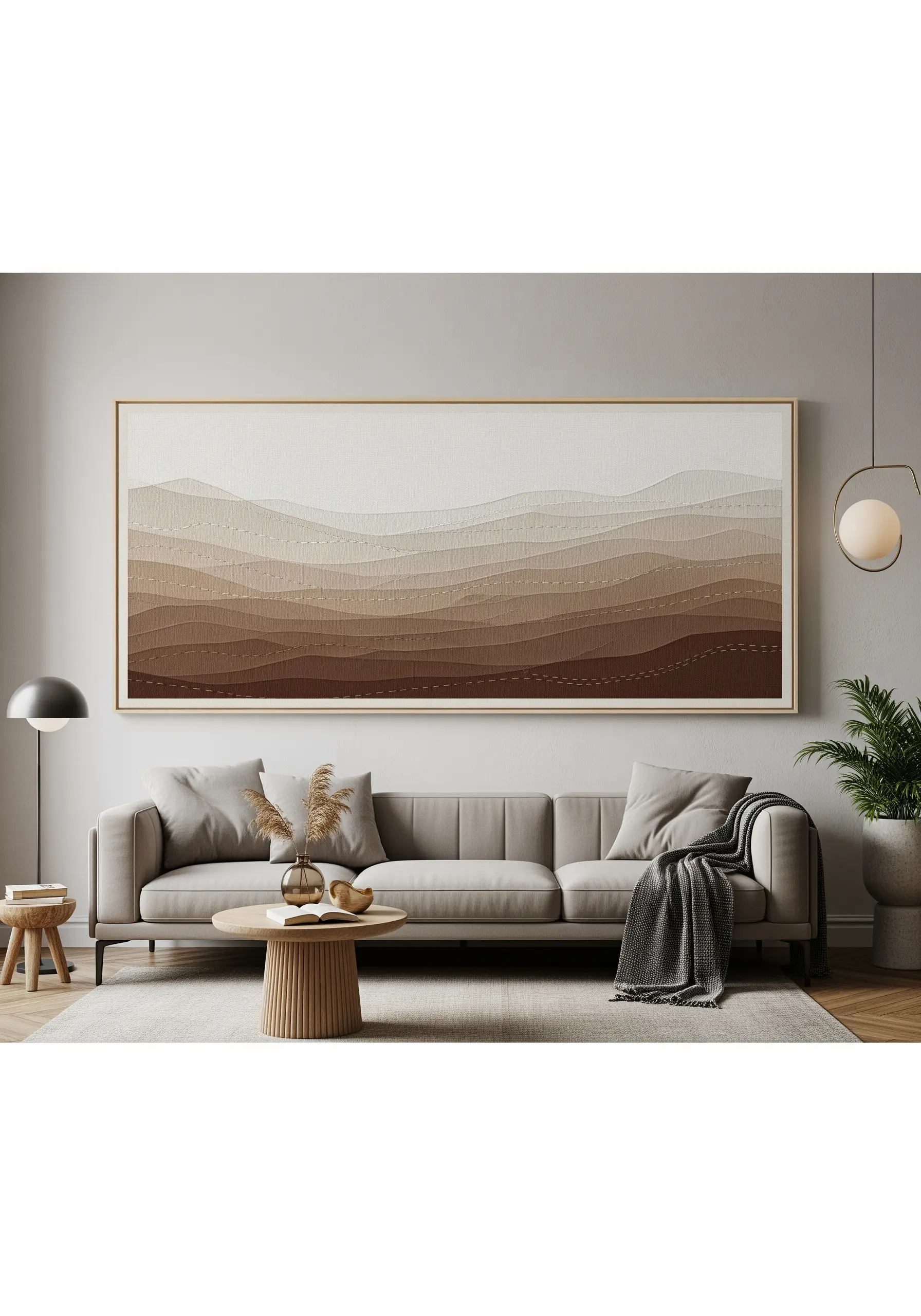 A panoramic landscape embroidery of rolling hills in gradient brown tones.
