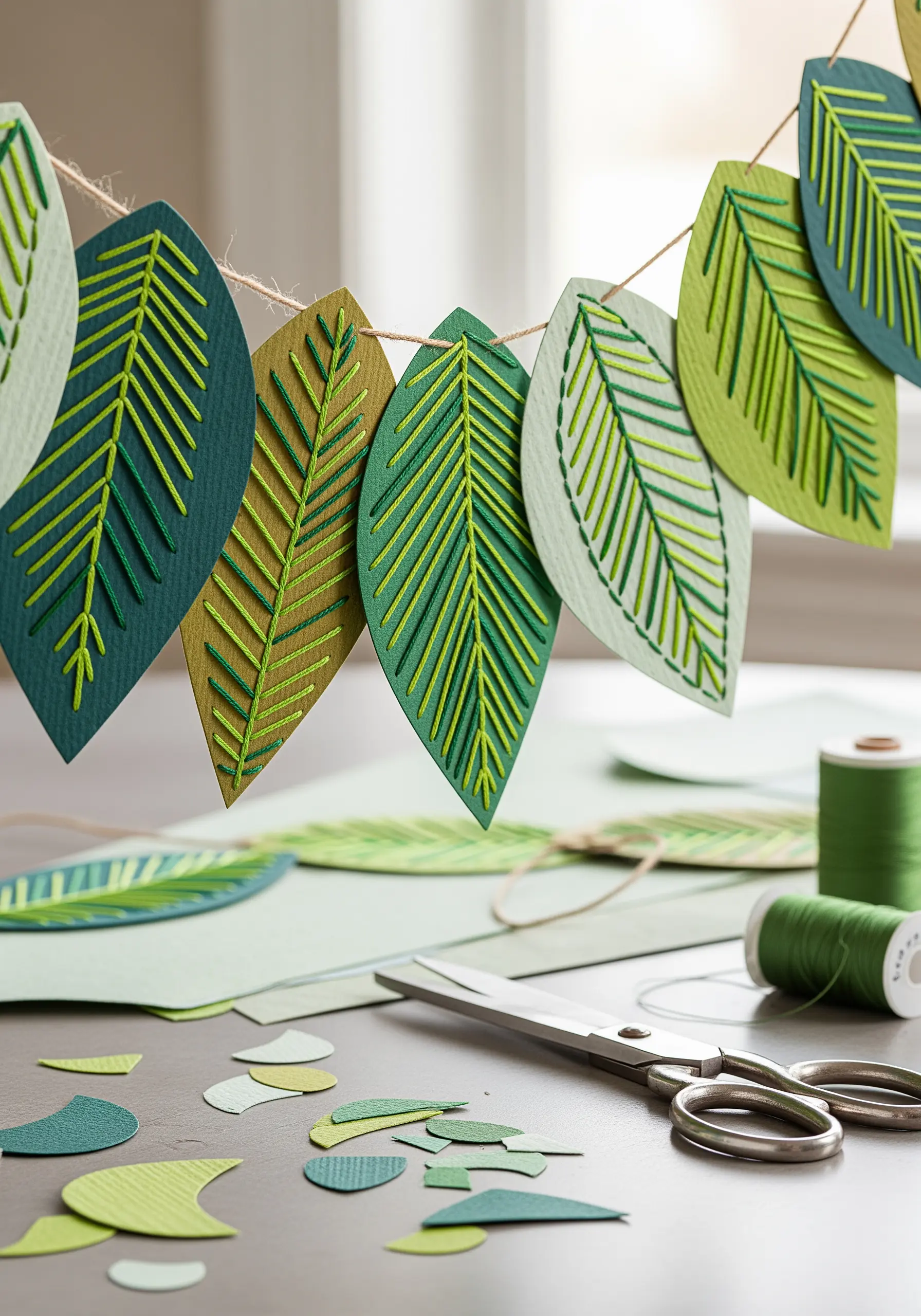 A garland of green paper leaves, some with stitched veins and others with paper-cut details.