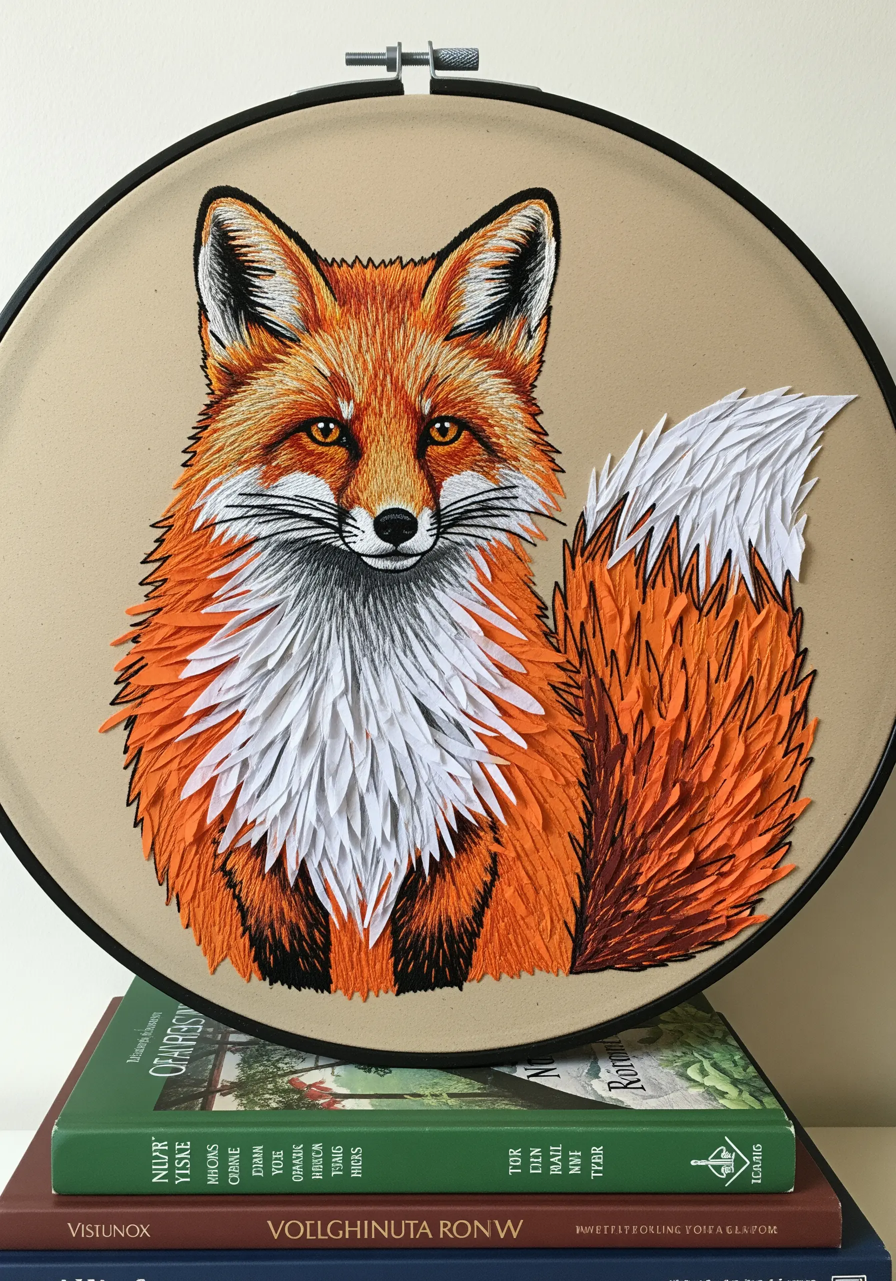 An embroidered fox with its fur and tail created from layers of cut white paper.