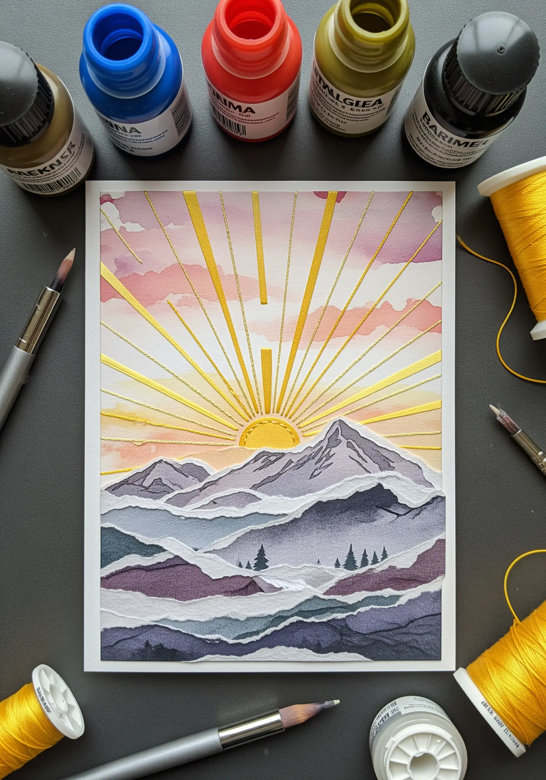 Layered paper mountains with a rising sun and rays made of long golden satin stitches.
