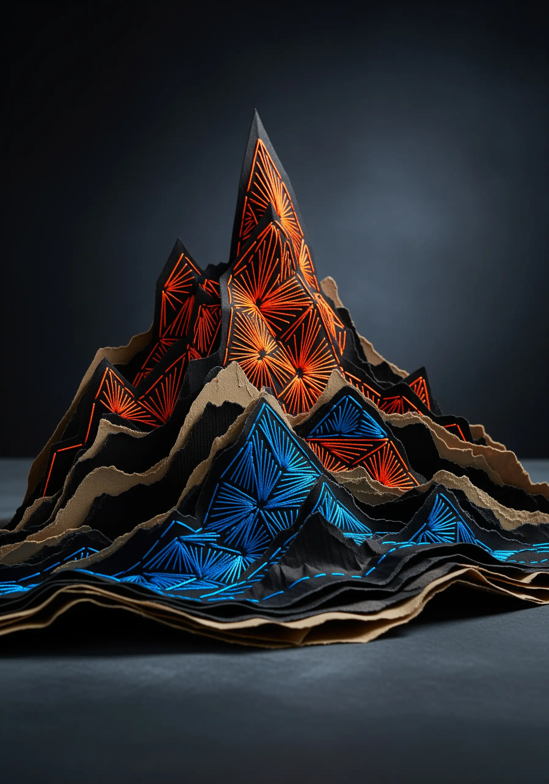 Layered and torn black paper mountains with orange and blue geometric string art.