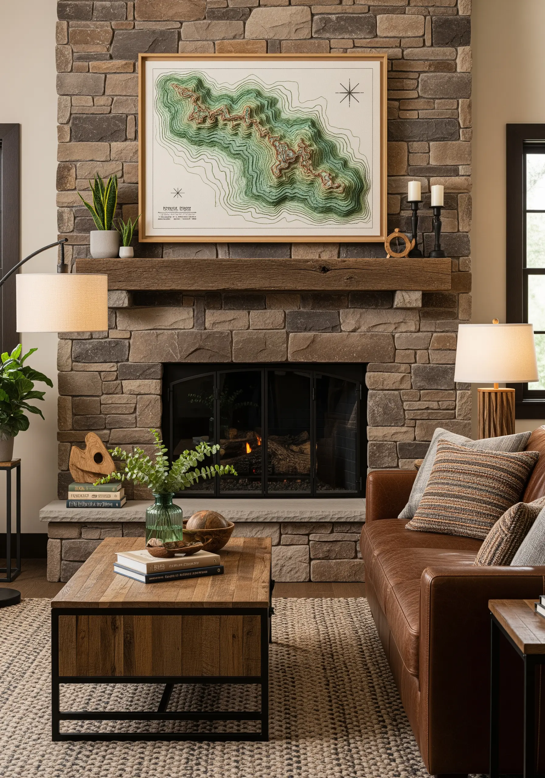 A 3D topographical map embroidered with layered green and brown threads, displayed on a stone mantel.