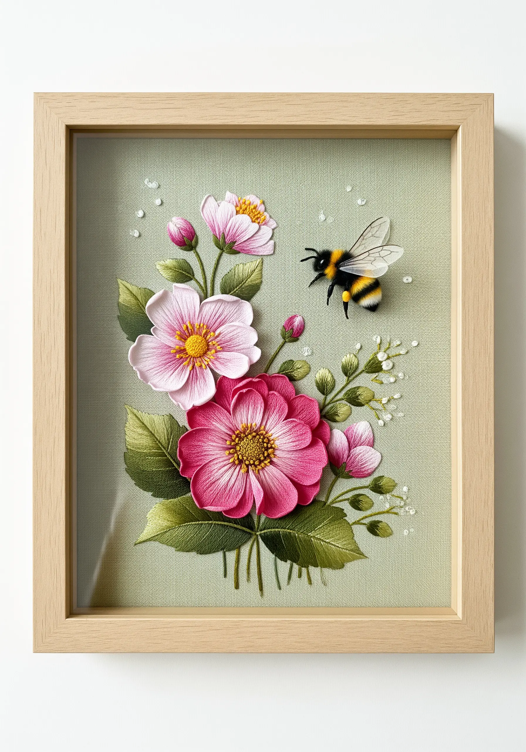 Framed 3D embroidered pink flowers and a bumblebee with raised wings.