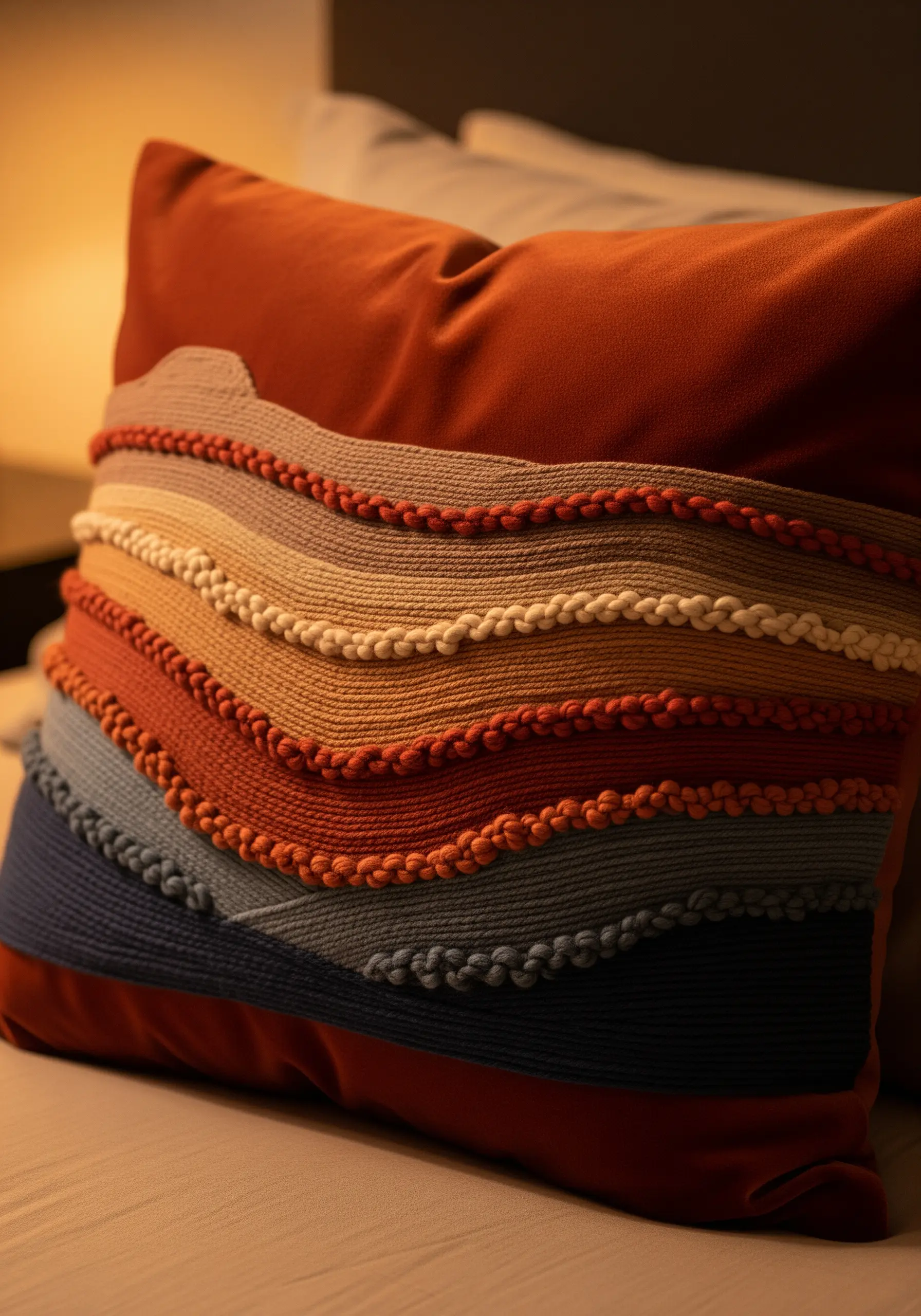 A rust-colored velvet pillow with a textural landscape of couched cords and knots.