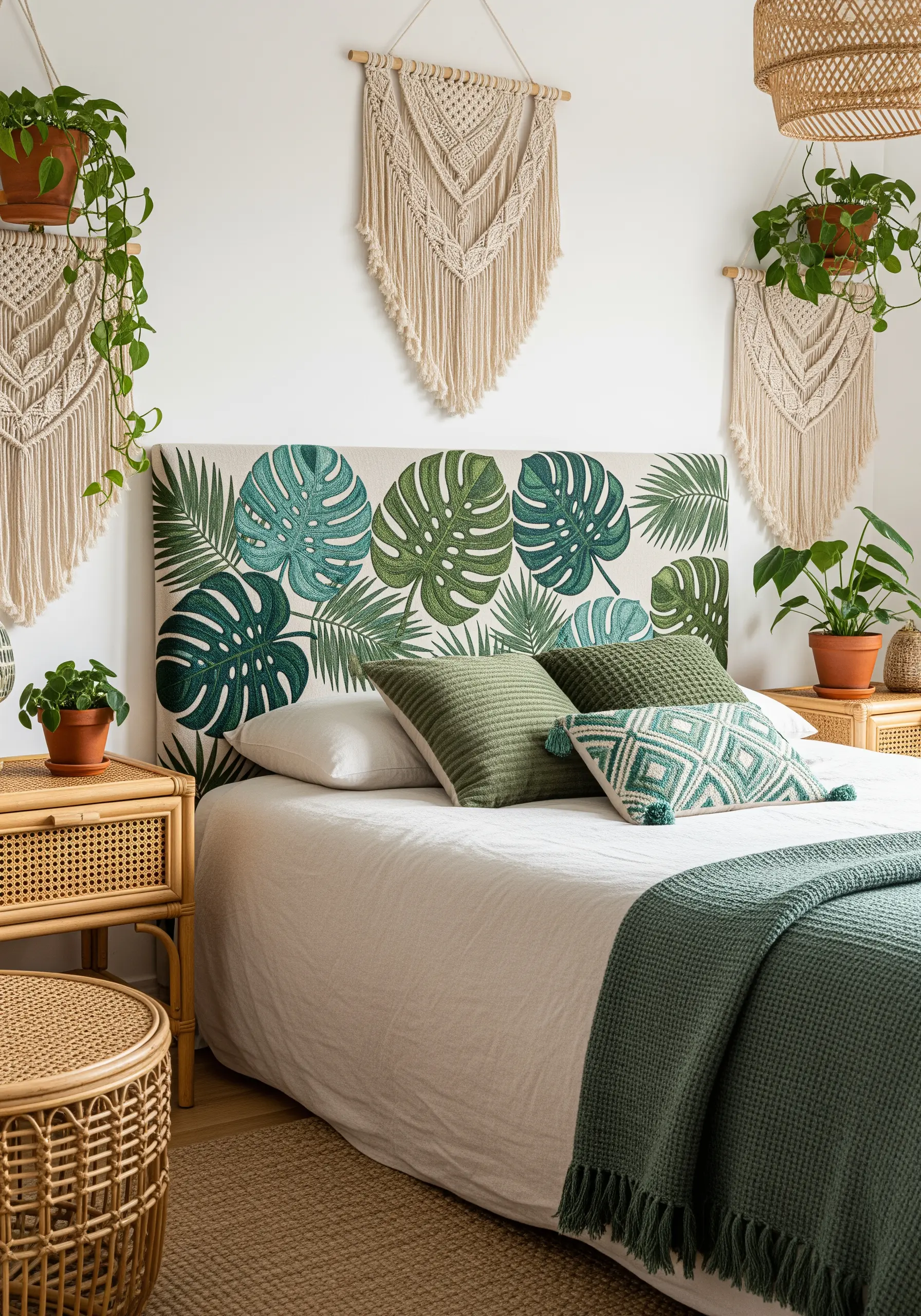 Embroidered headboard with large green and teal Monstera leaves creating a botanical pattern.