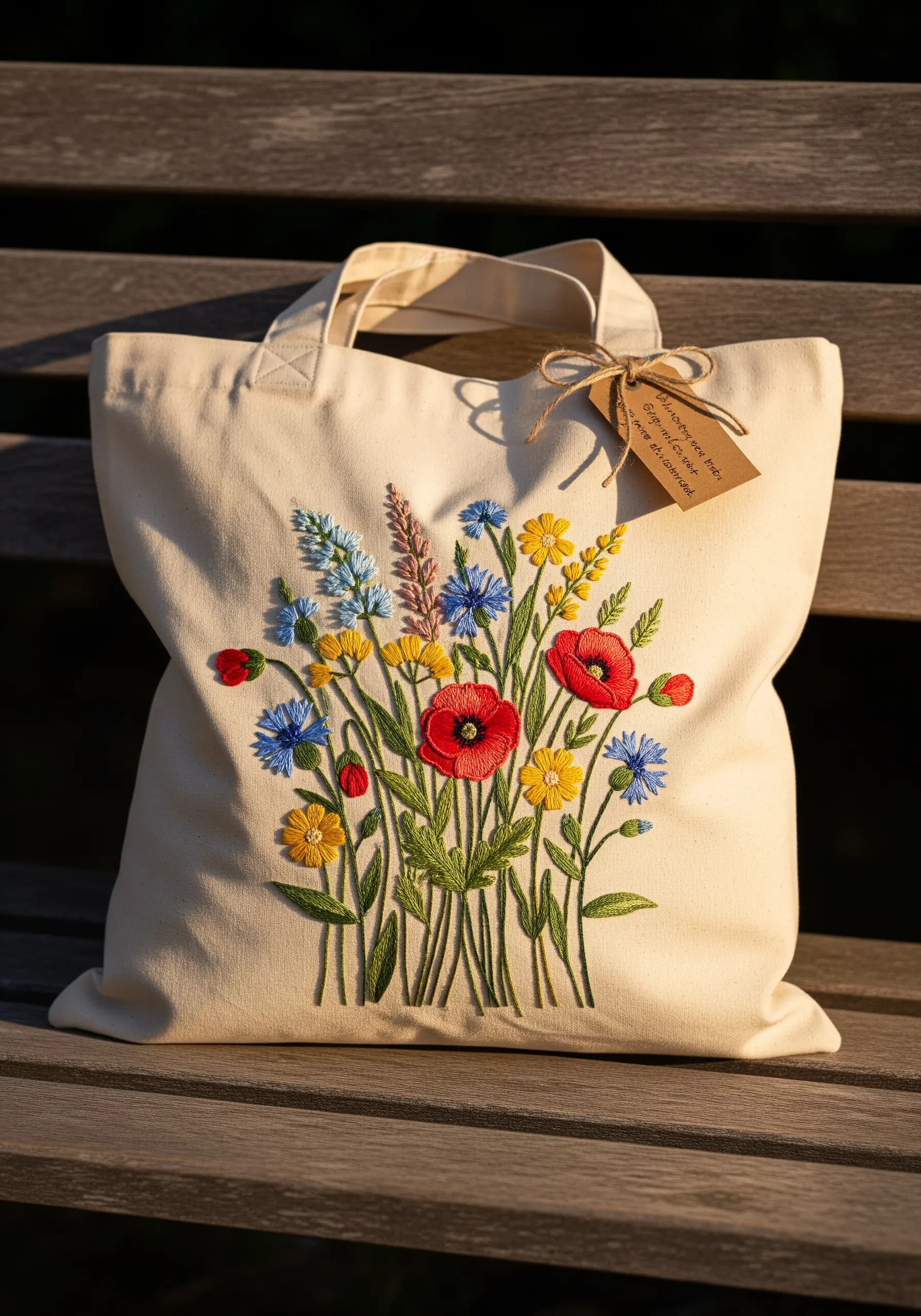 Detailed wildflower bouquet with poppies and cornflowers embroidered on a canvas tote bag.