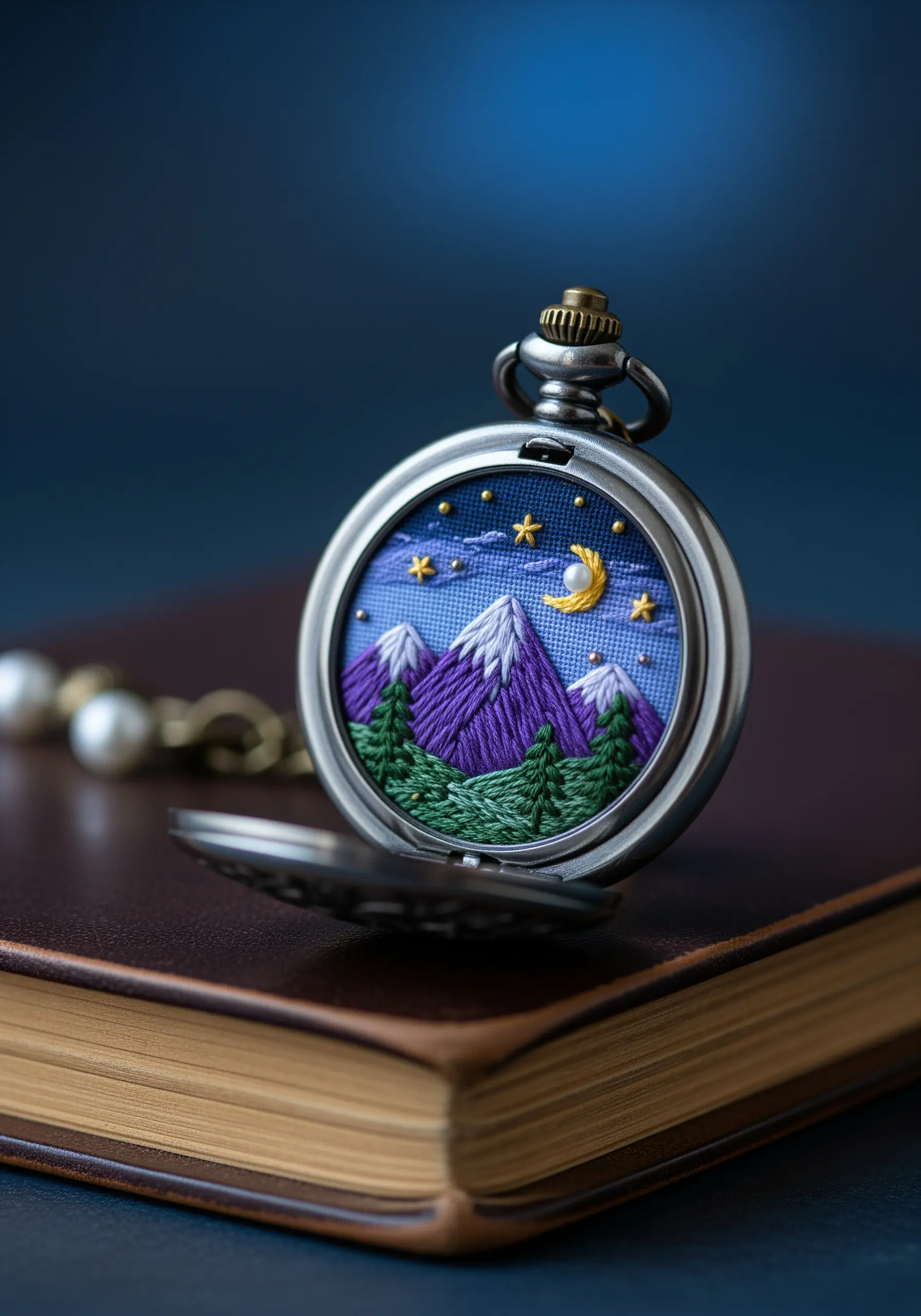 A miniature embroidered mountain scene with a night sky set inside an open pocket watch.