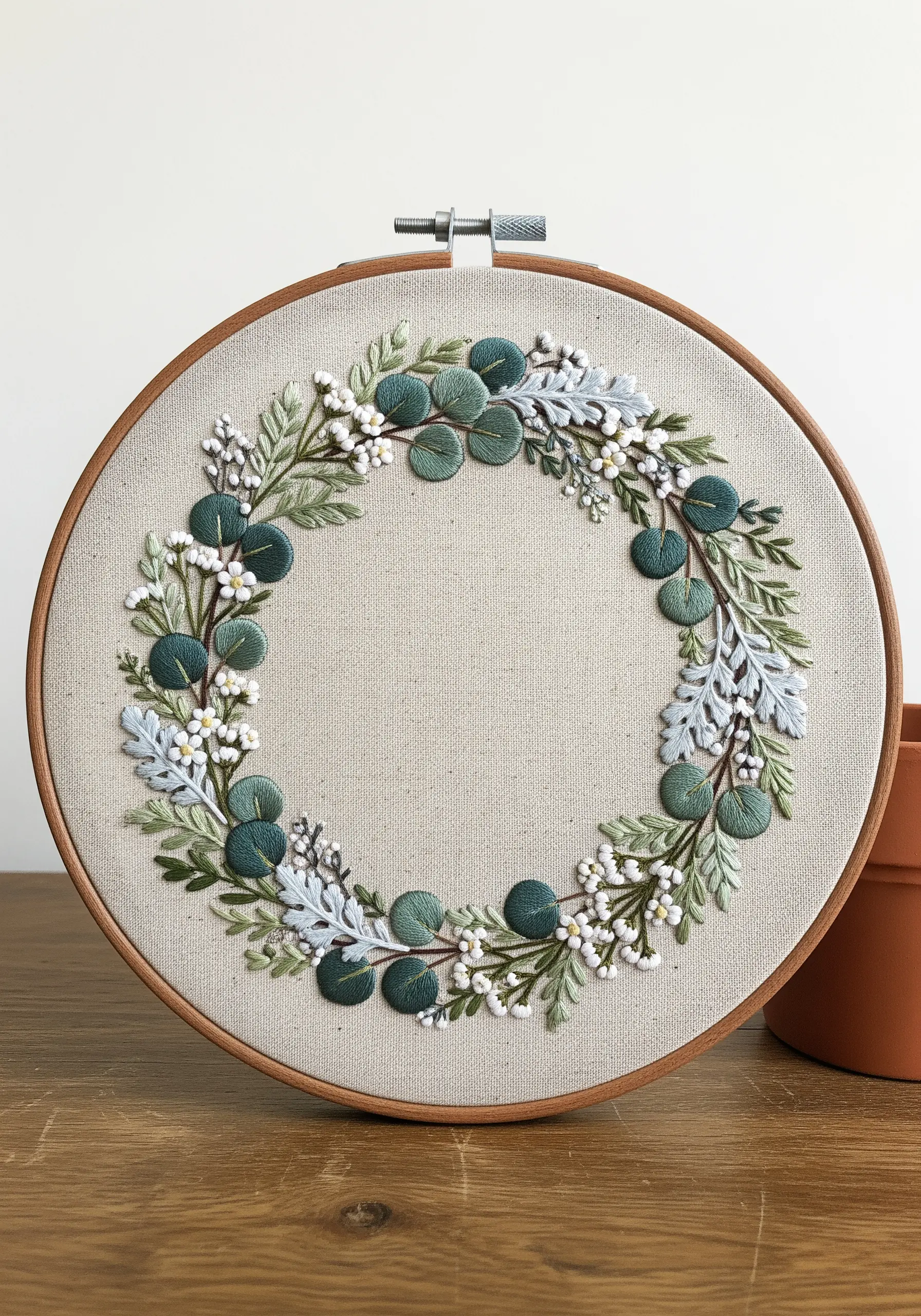 A delicate wreath of embroidered eucalyptus and dusty miller leaves on linen fabric.