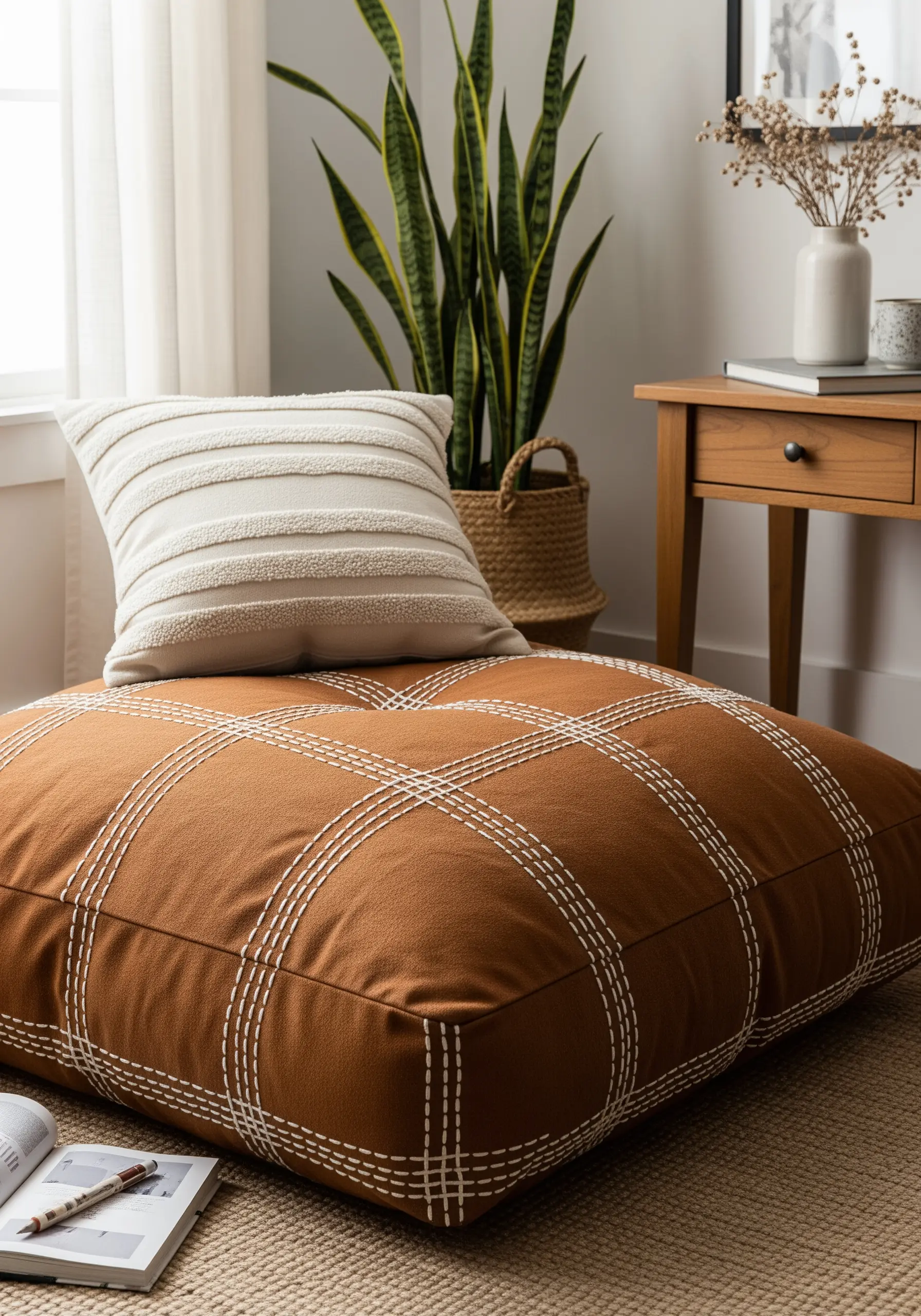 A terracotta cushion with a white grid stitch paired with a cream pillow with tufted lines.