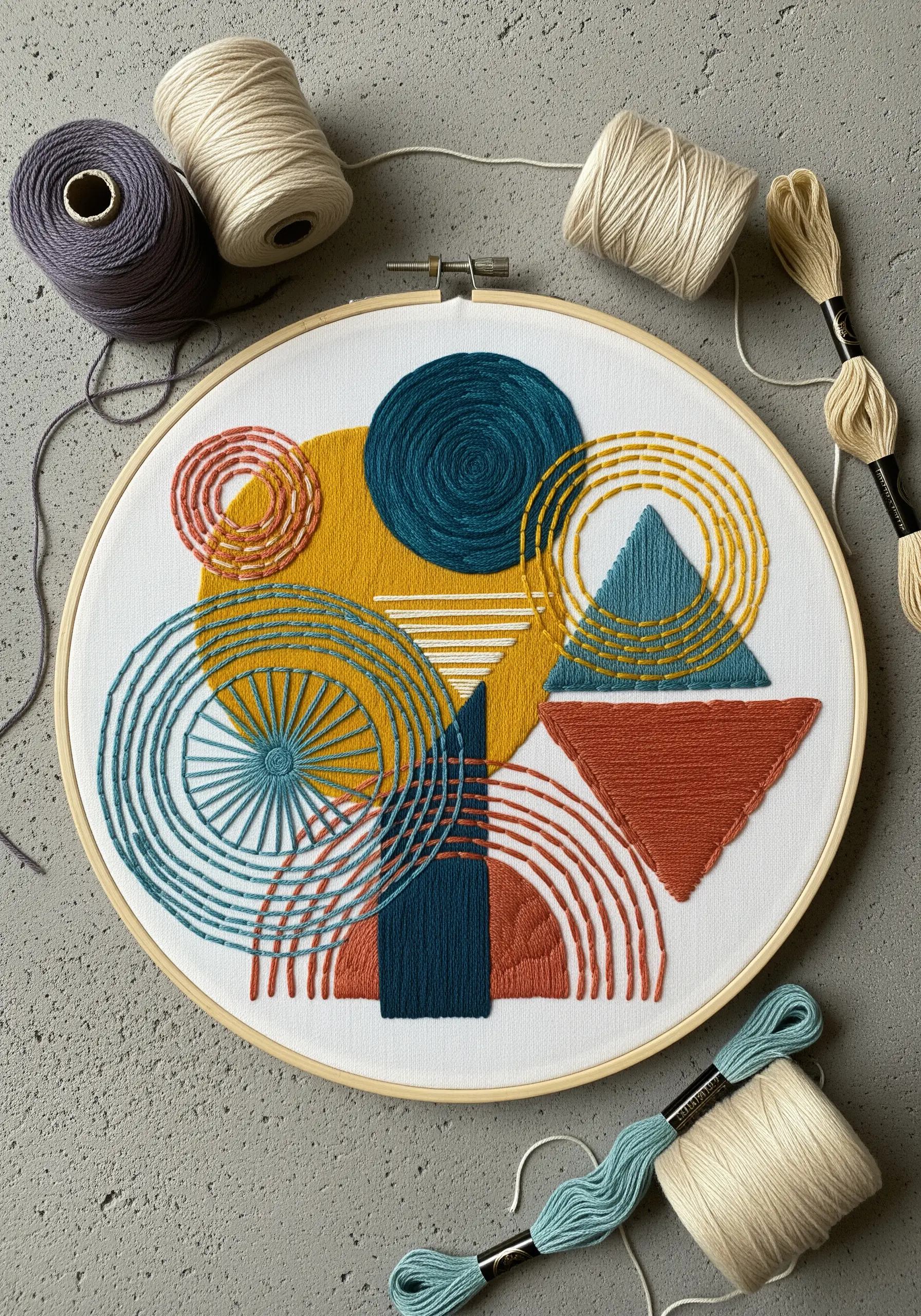 Abstract geometric embroidery with layered circles, triangles, and lines in mustard and teal.