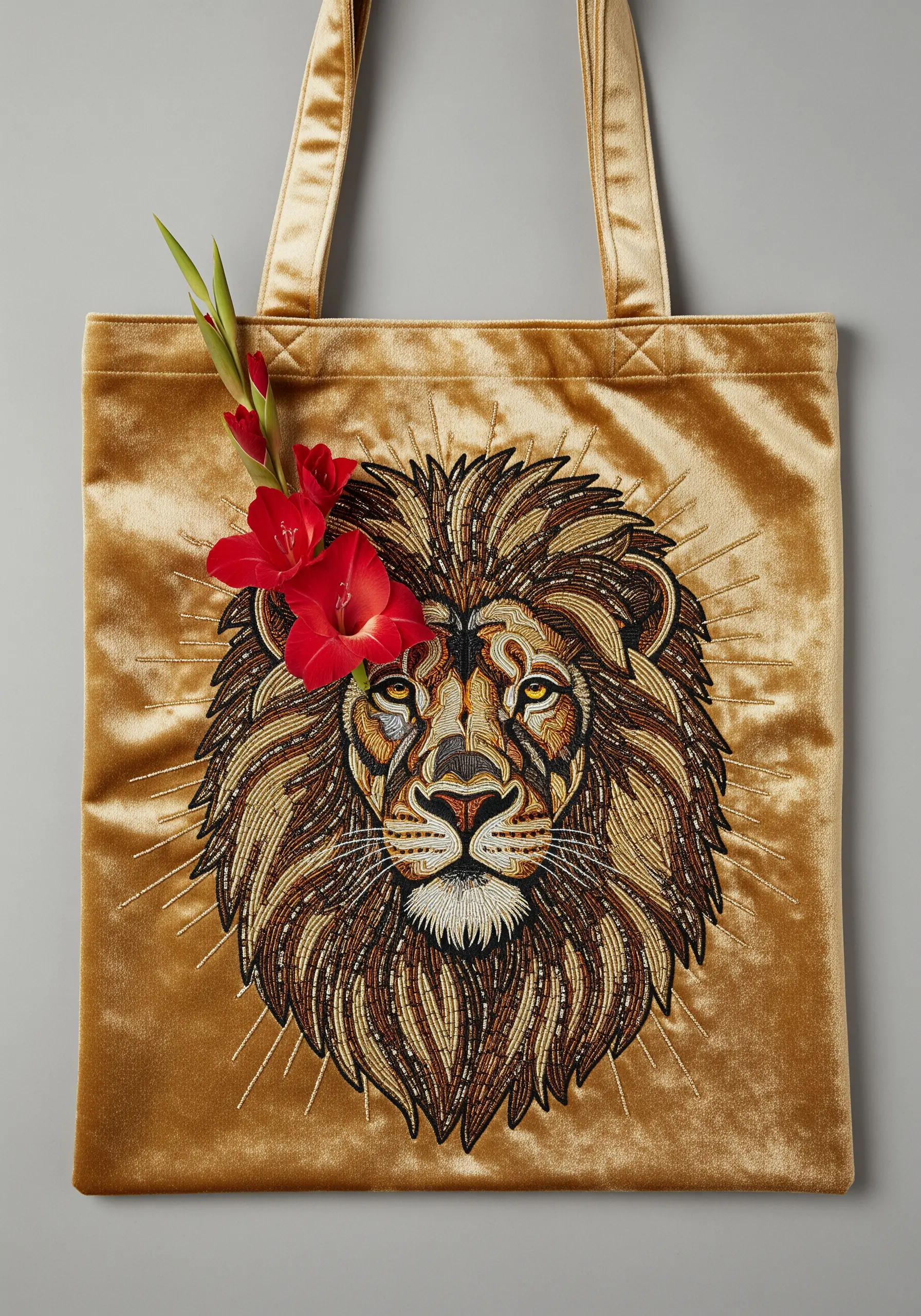 A highly detailed portrait of a Leo lion's head, heavily embellished with beads and embroidery on velvet.