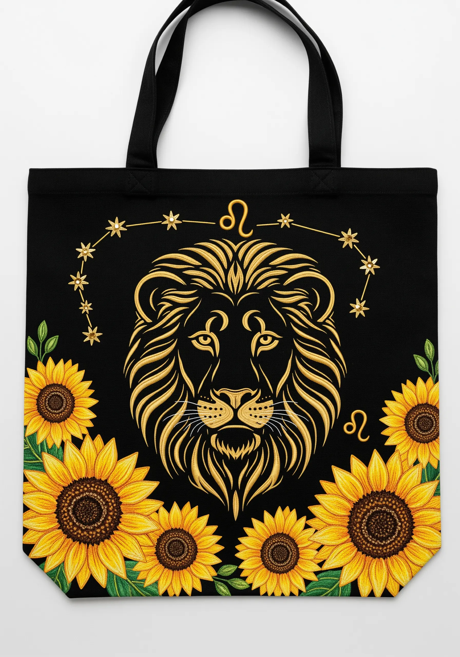 A golden embroidered lion's head and Leo symbol surrounded by sunflowers on a black tote bag.