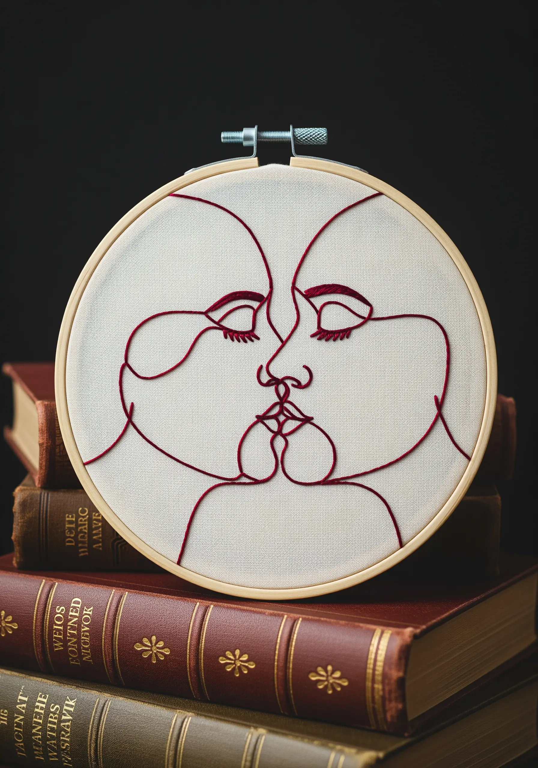 One-line embroidery of two faces kissing, stitched in a bold crimson thread on off-white fabric.