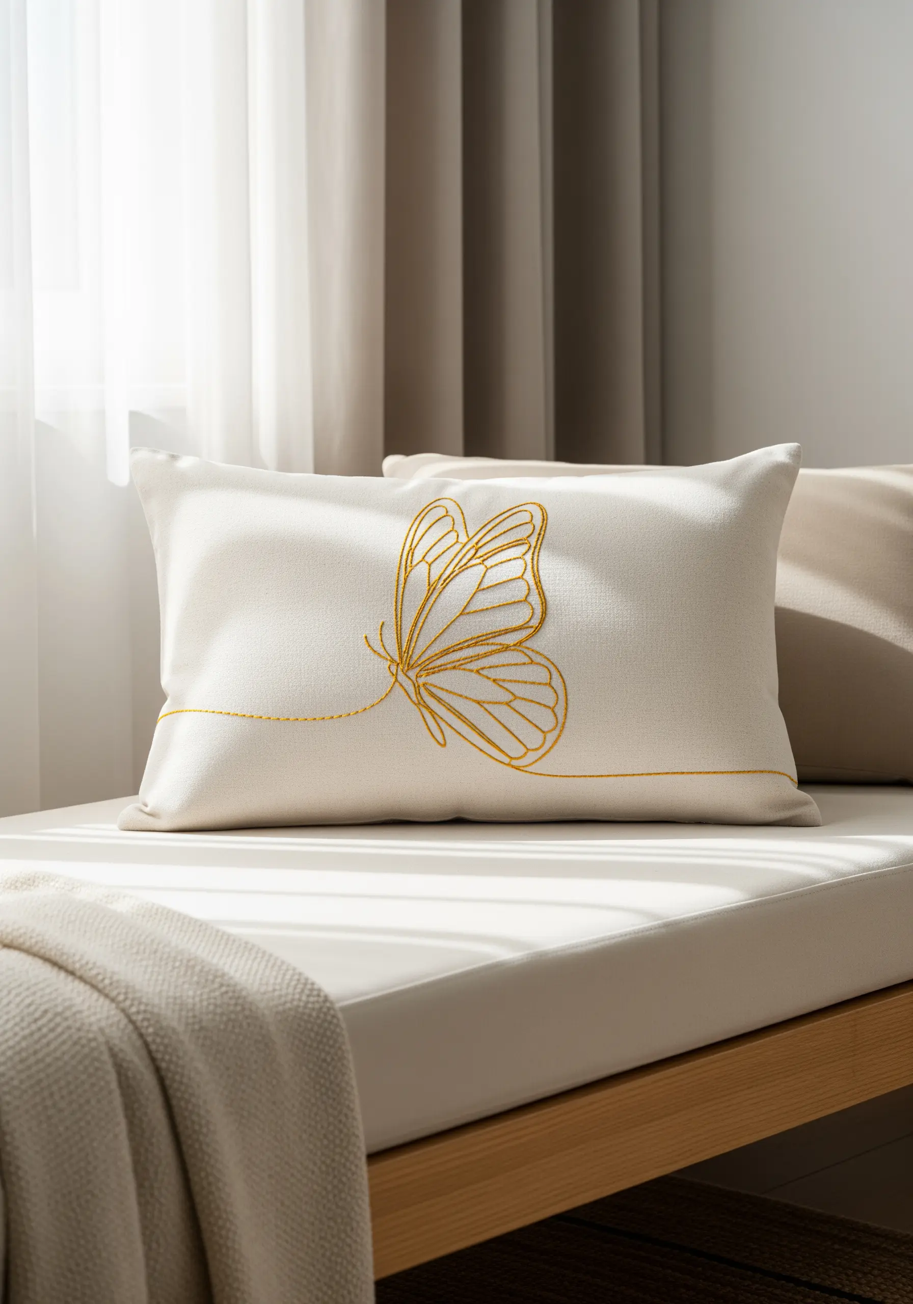 A gold-thread butterfly embroidered on a white pillow, with one line extending across it.