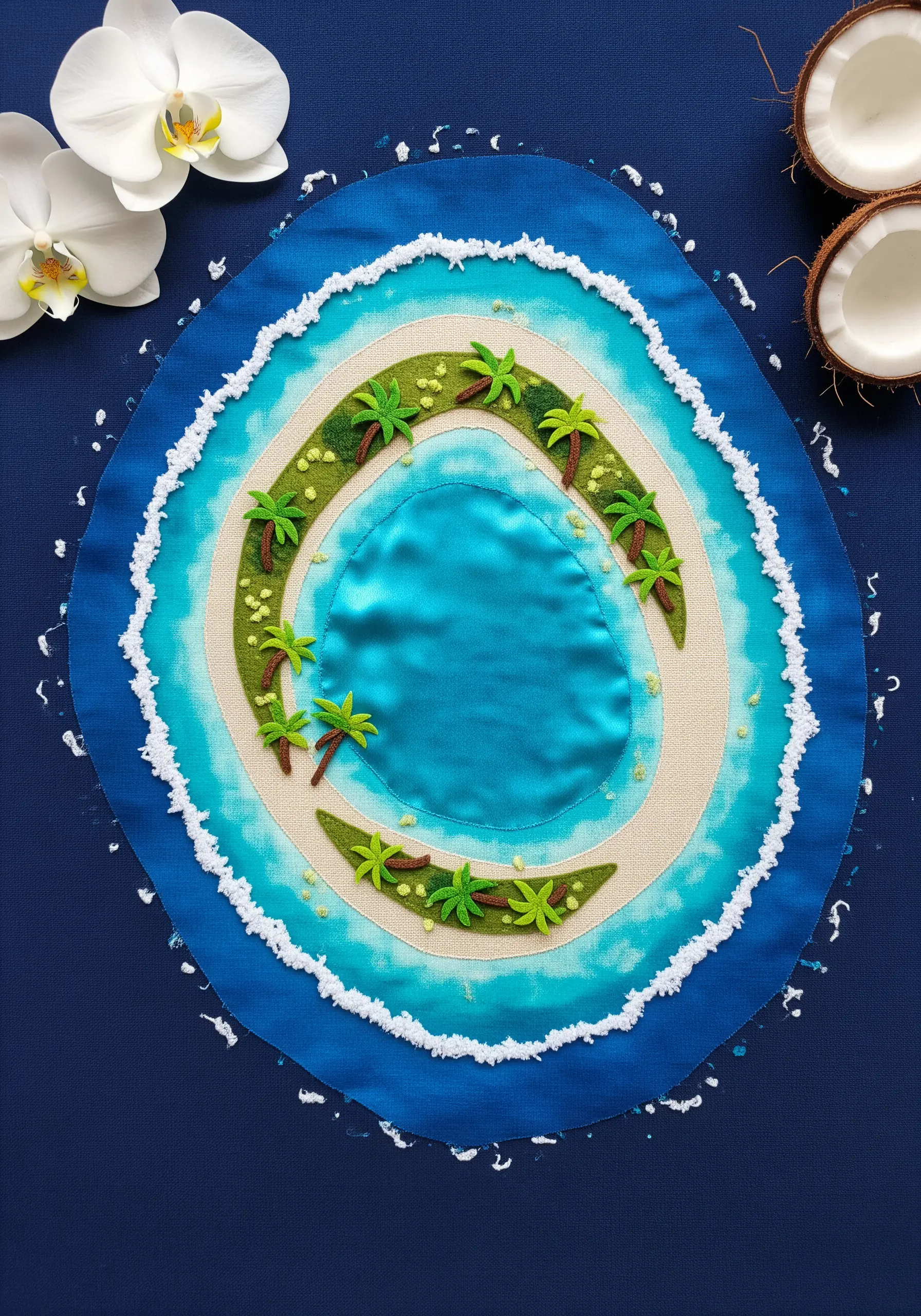 An aerial view of a tropical island in fabric collage, with frayed white fabric creating the surf.