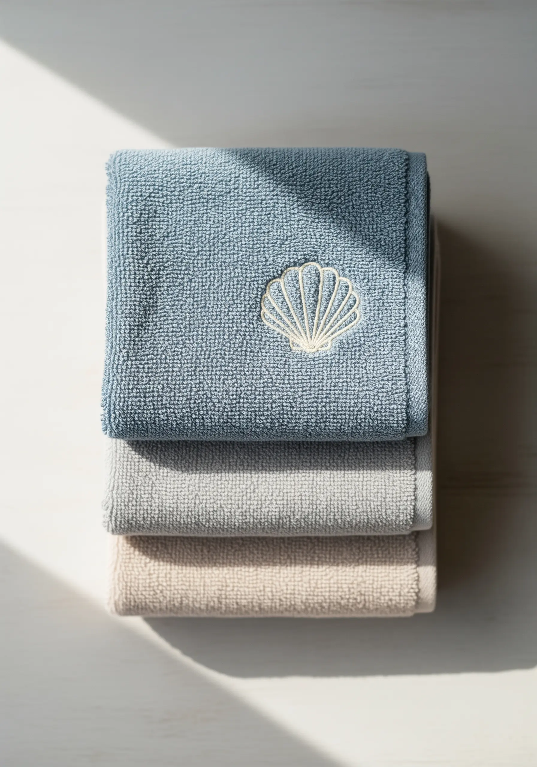 A clean, cream-colored seashell outline embroidered on a textured blue terry cloth towel.
