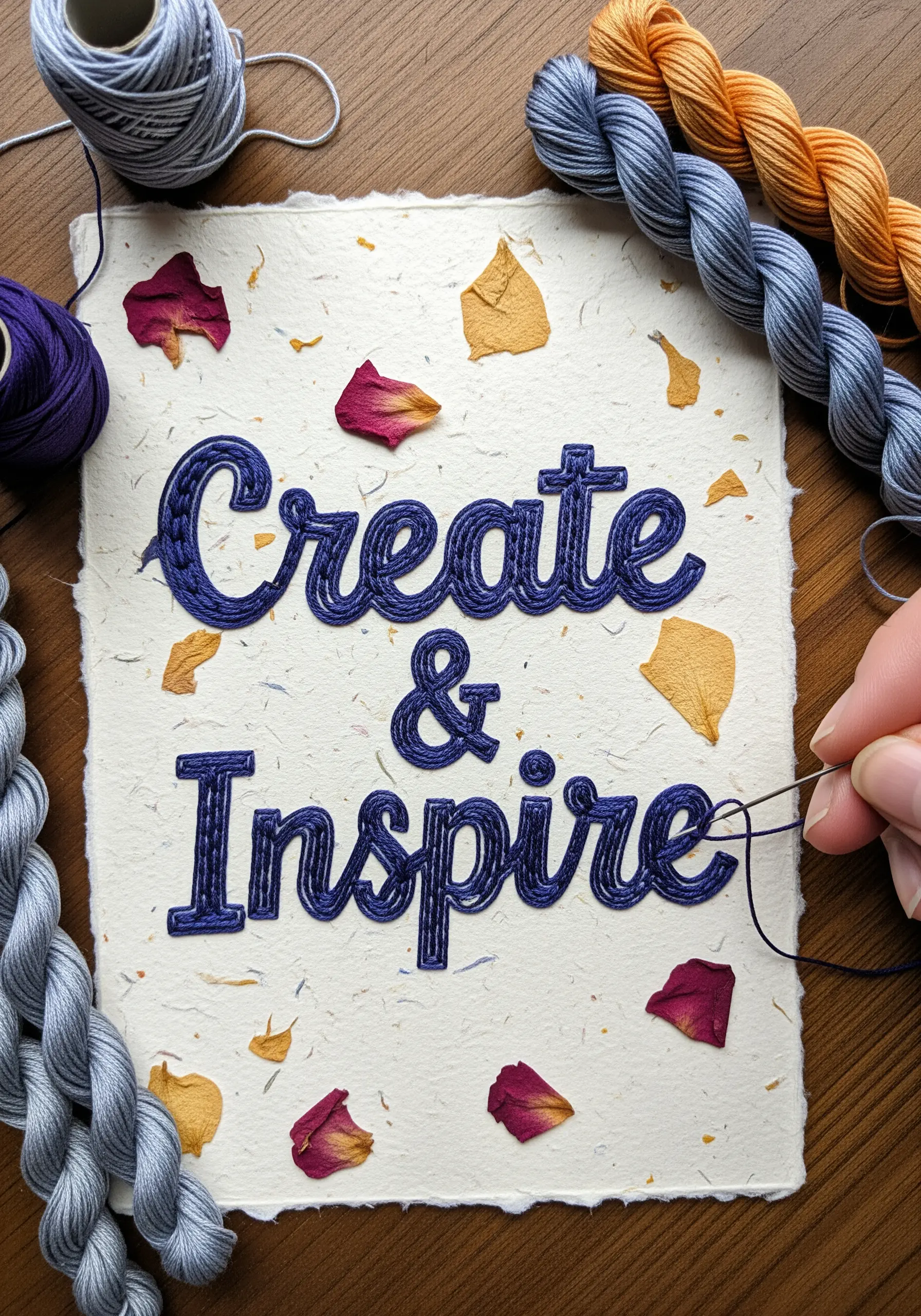 The words 'Create & Inspire' embroidered in navy satin stitch onto handmade paper with petals.