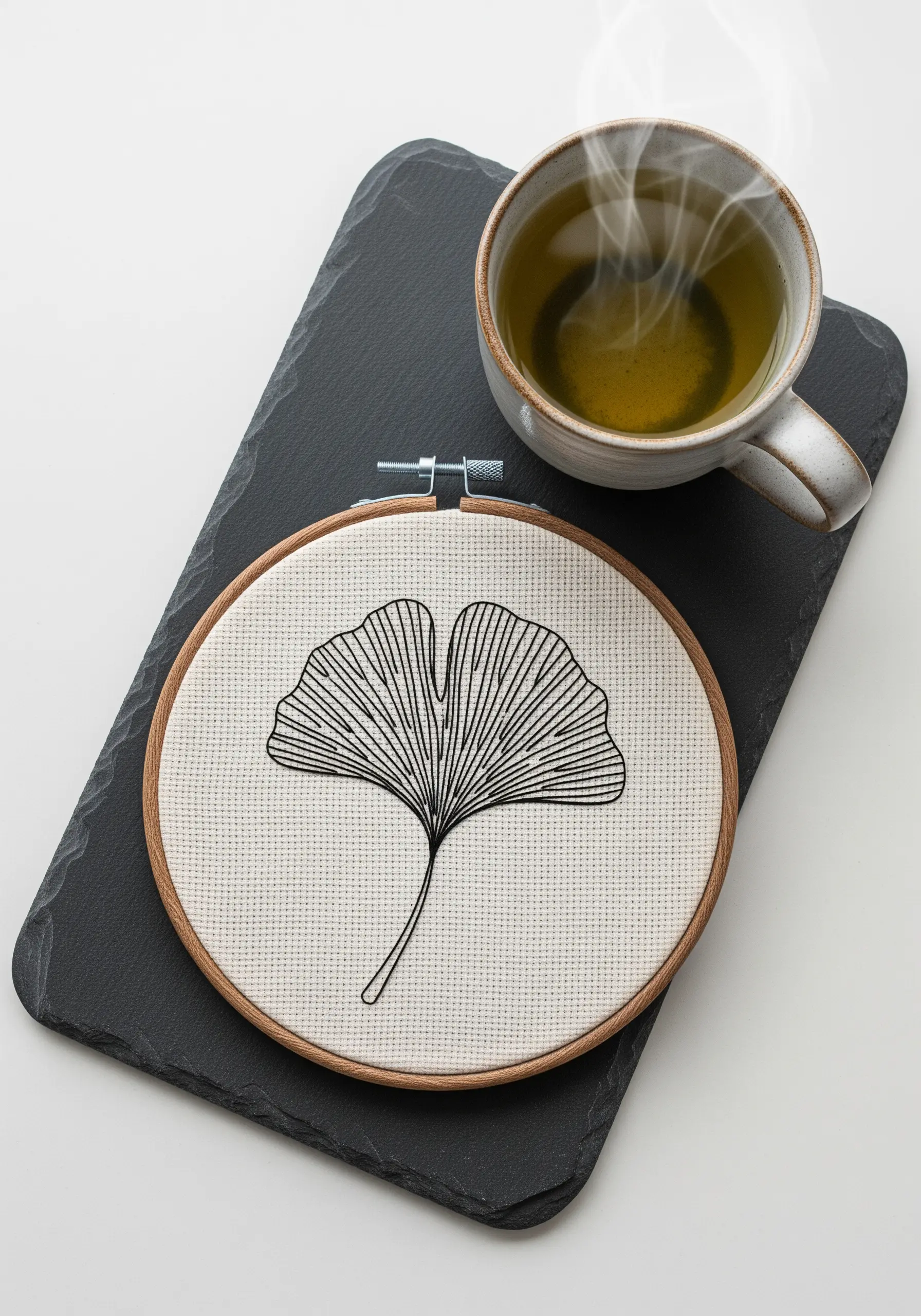Black thread ginkgo leaf embroidered on white Aida cloth.