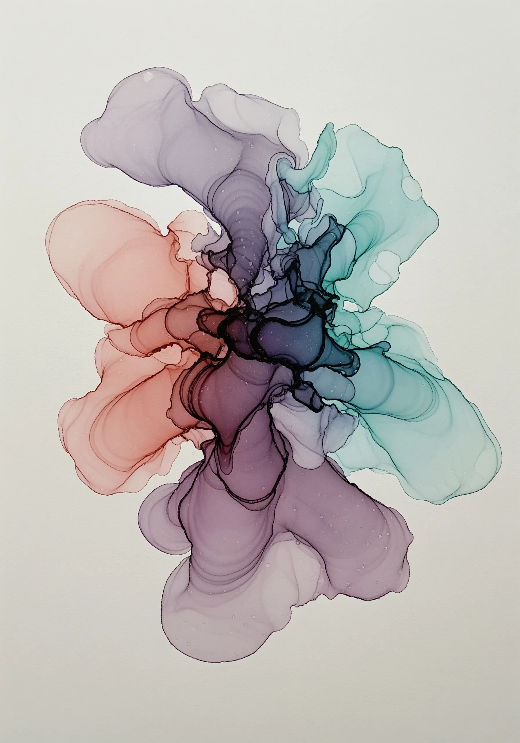 An abstract floral-like shape made with flowing alcohol inks in multiple colors.