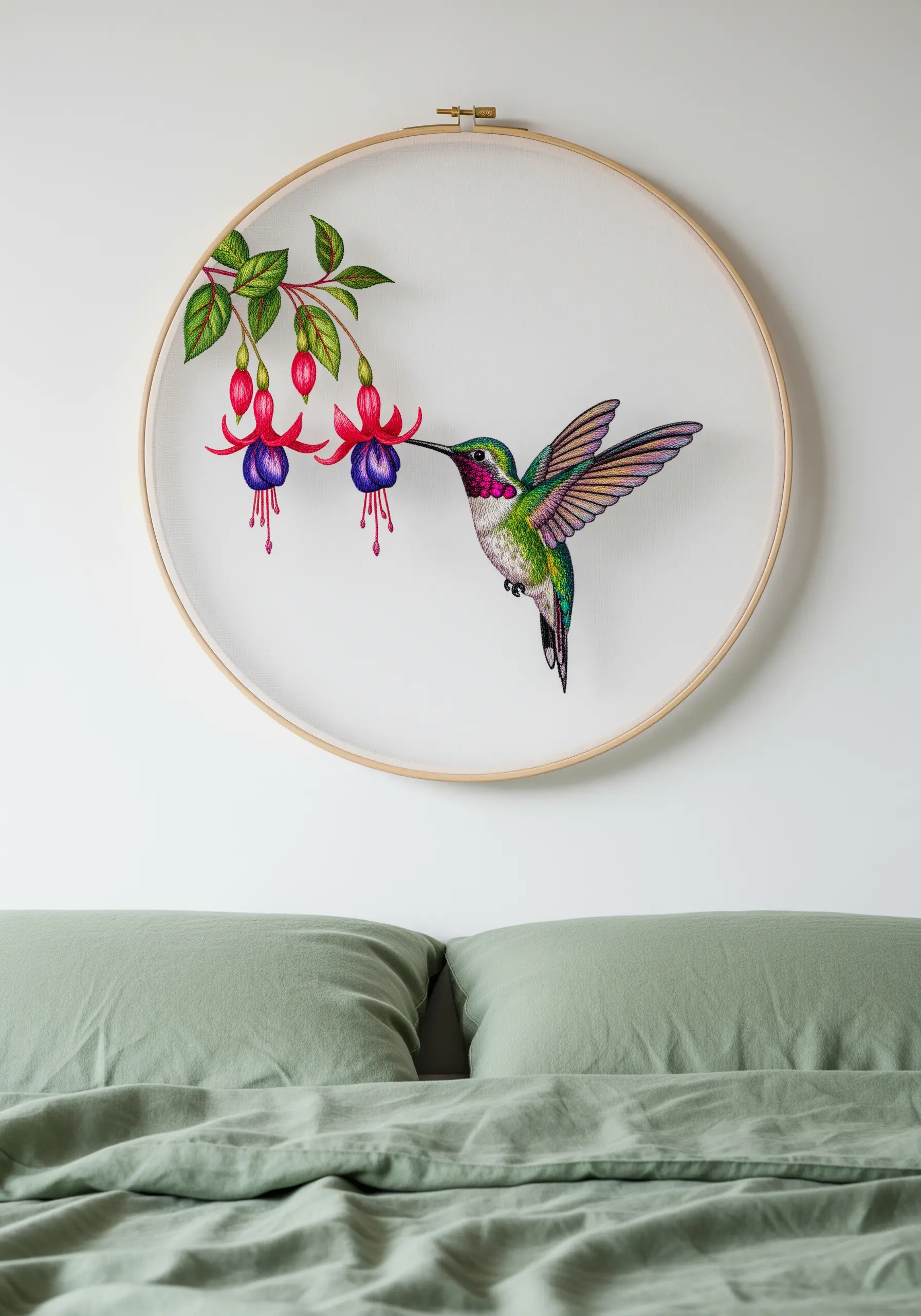 A detailed embroidery of a hummingbird and a fuchsia flower on mostly unstitched fabric.