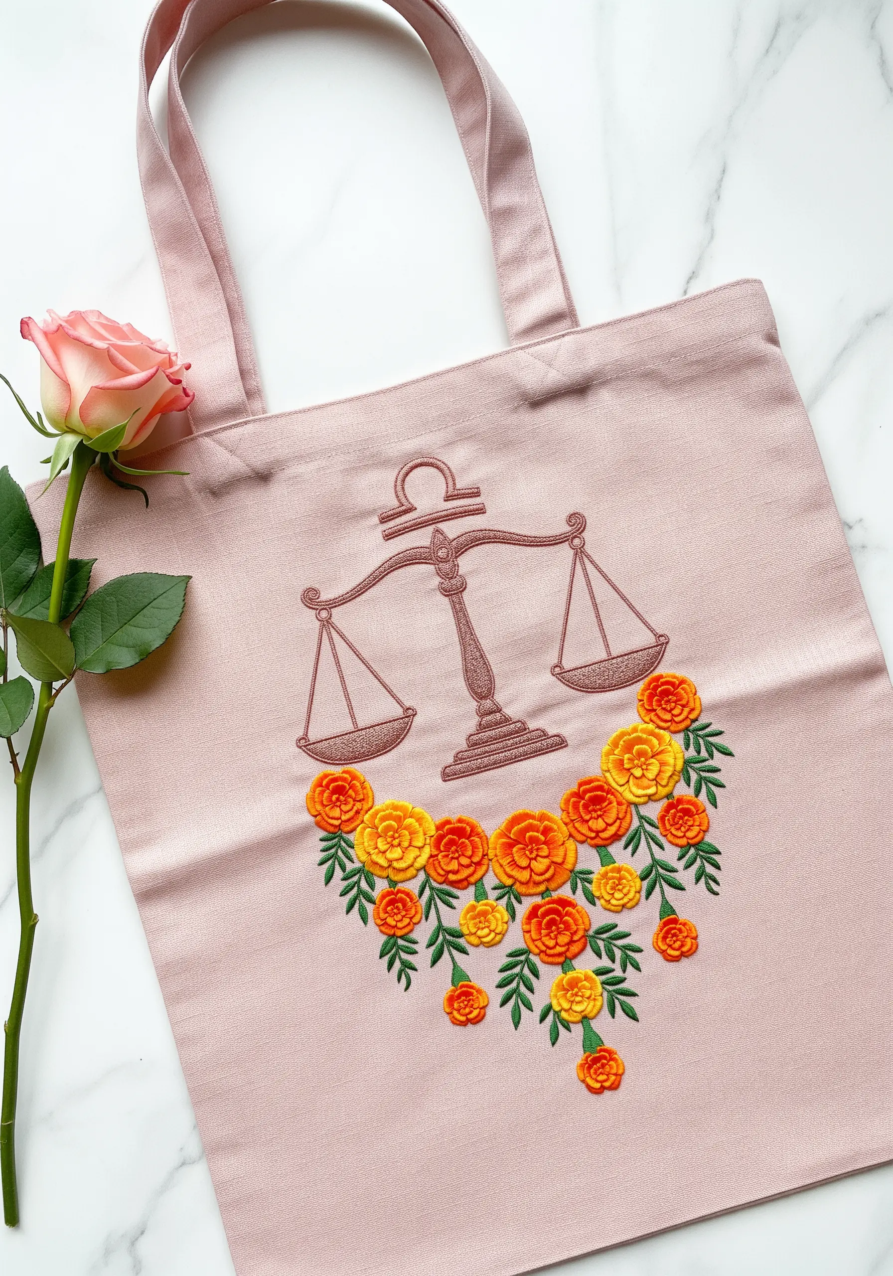 Libra scales symbol embroidered above a cascade of 3D orange and yellow marigold flowers.