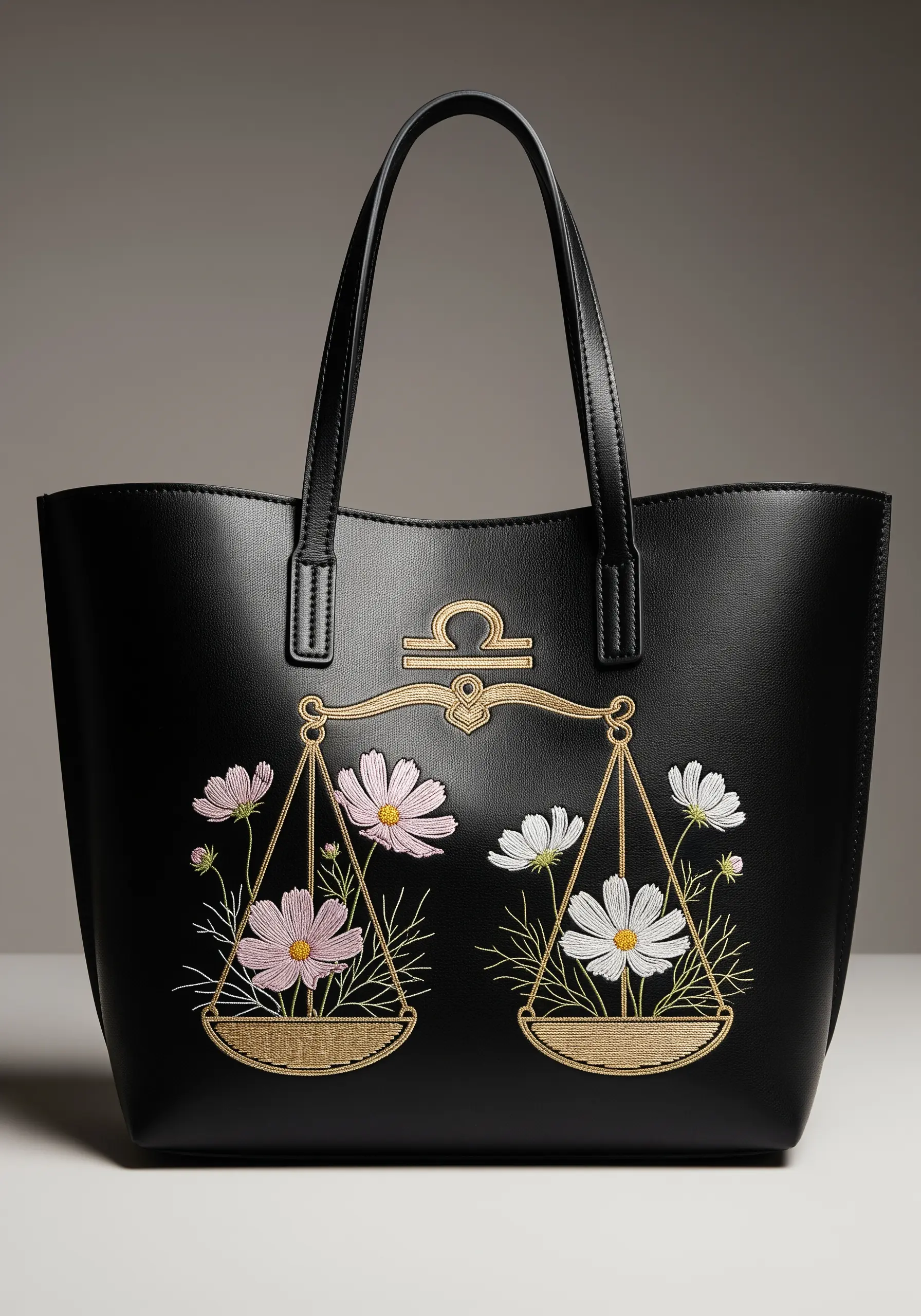 Gold thread embroidery of Libra scales holding cosmos flowers, stitched onto a black faux leather tote.