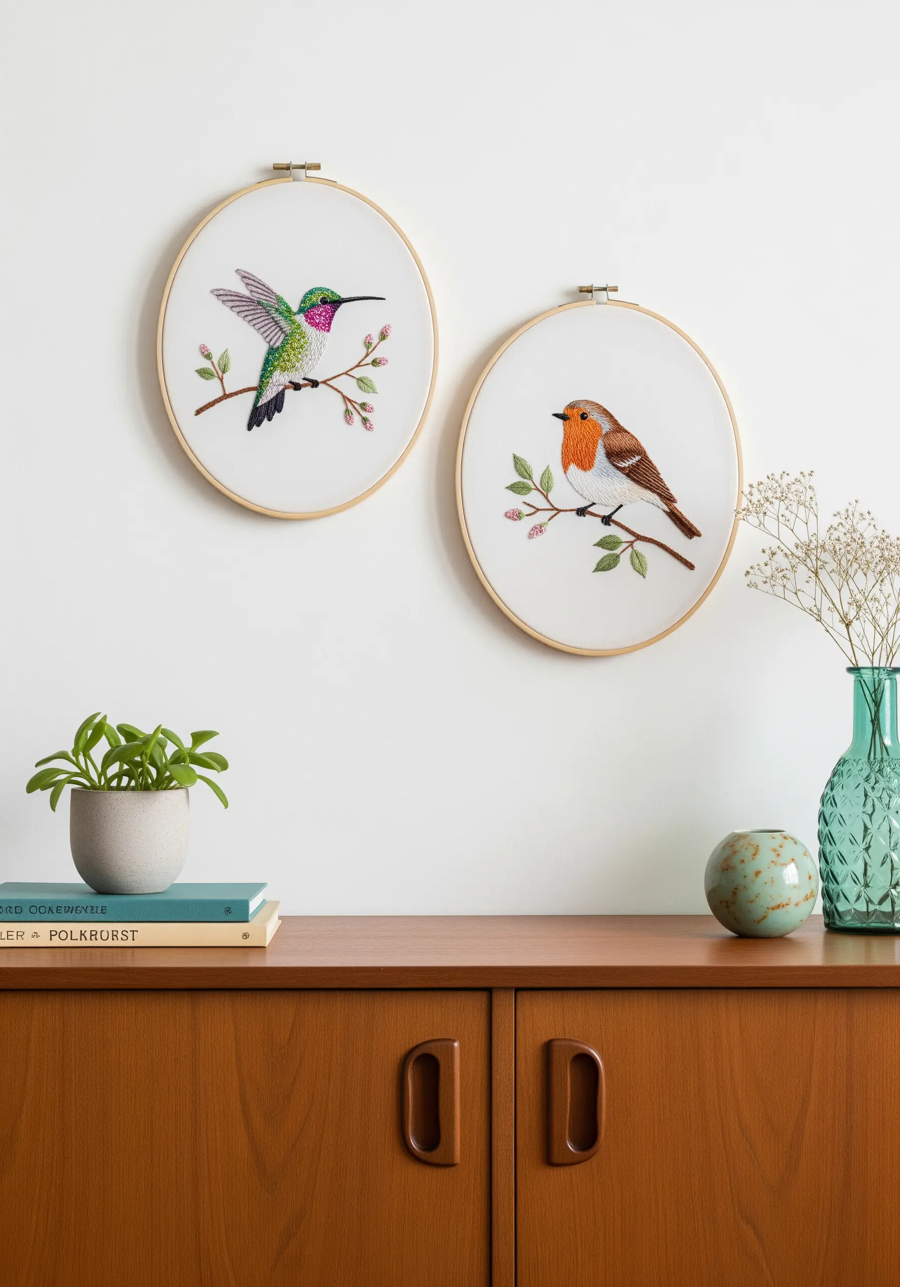 Two embroidery hoops, one with a hummingbird and one with a robin, stitched realistically.