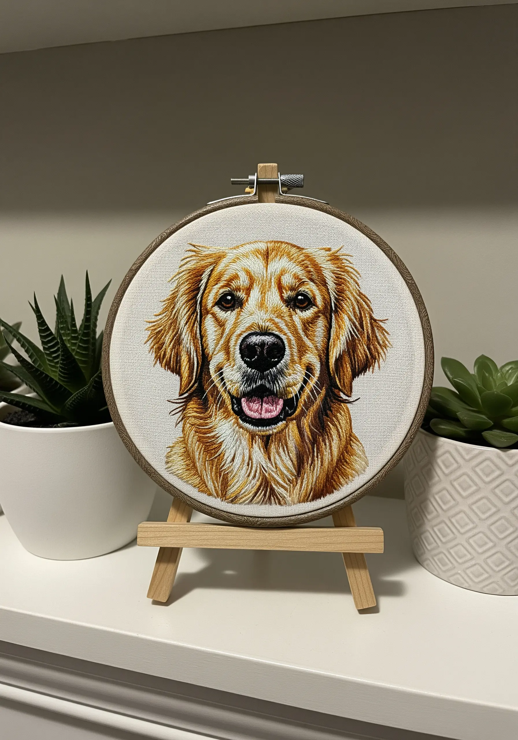 A realistic thread-painted portrait of a golden retriever in an embroidery hoop.