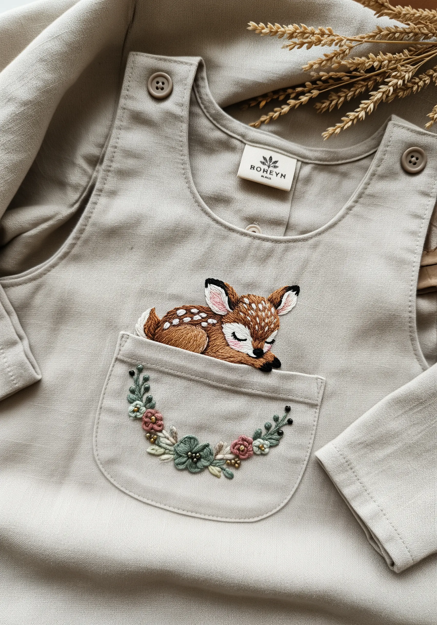 Detailed thread-painted fawn sleeping on a pocket with a floral garland.
