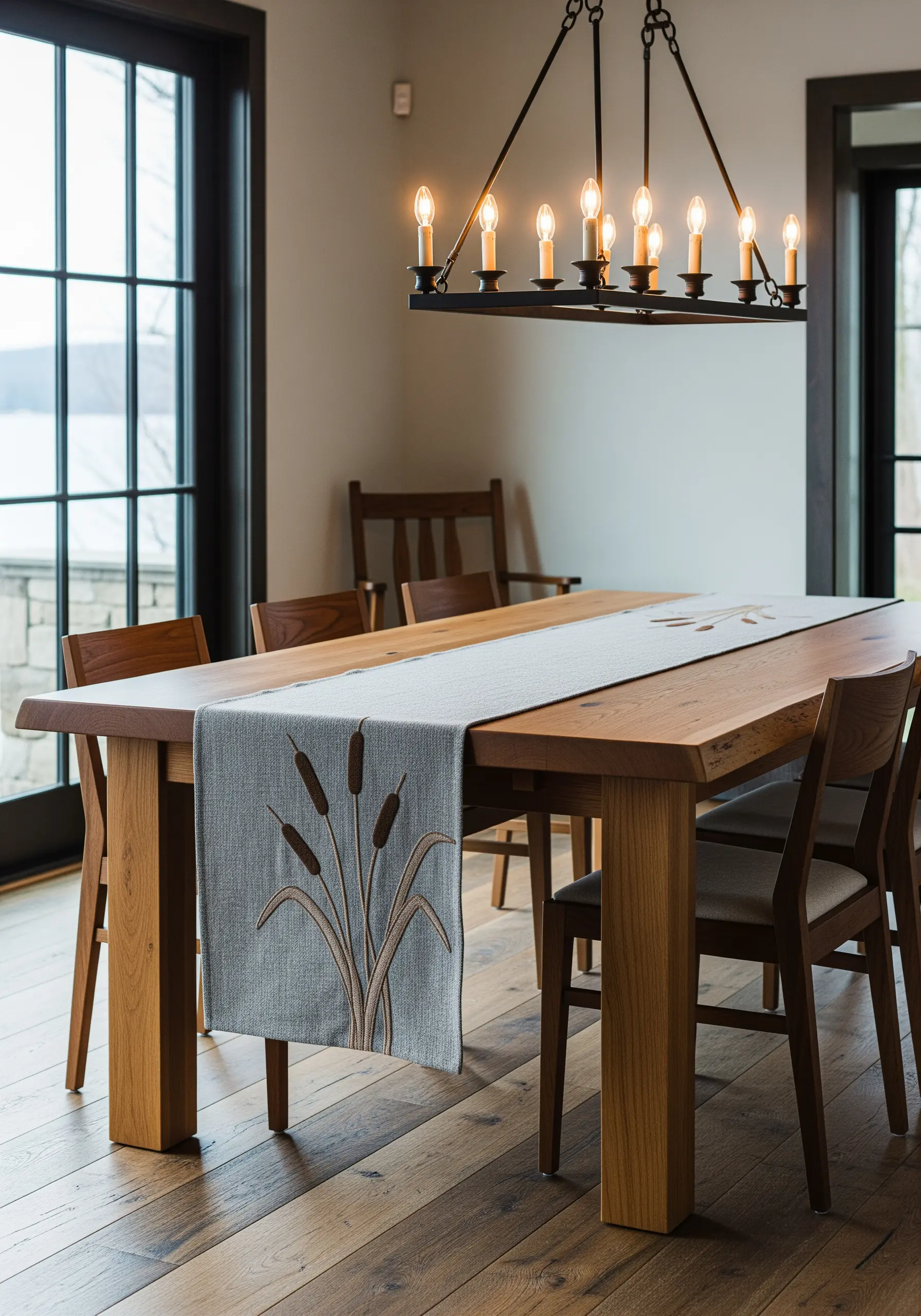 Embroidered cattails with 3D textured heads on a light gray table runner