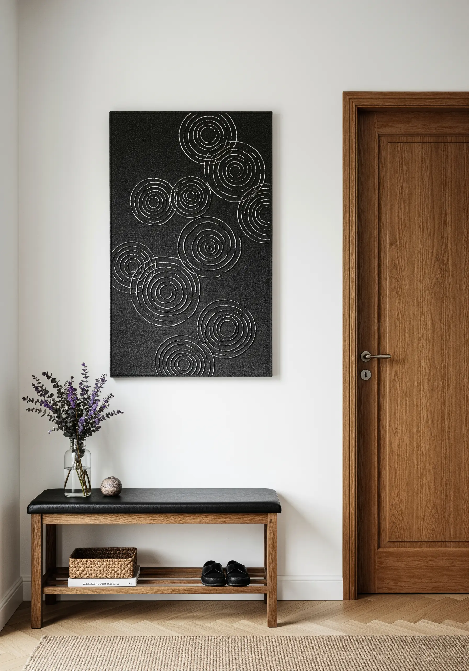 A black rectangular wall hanging with concentric silver circles resembling water ripples.
