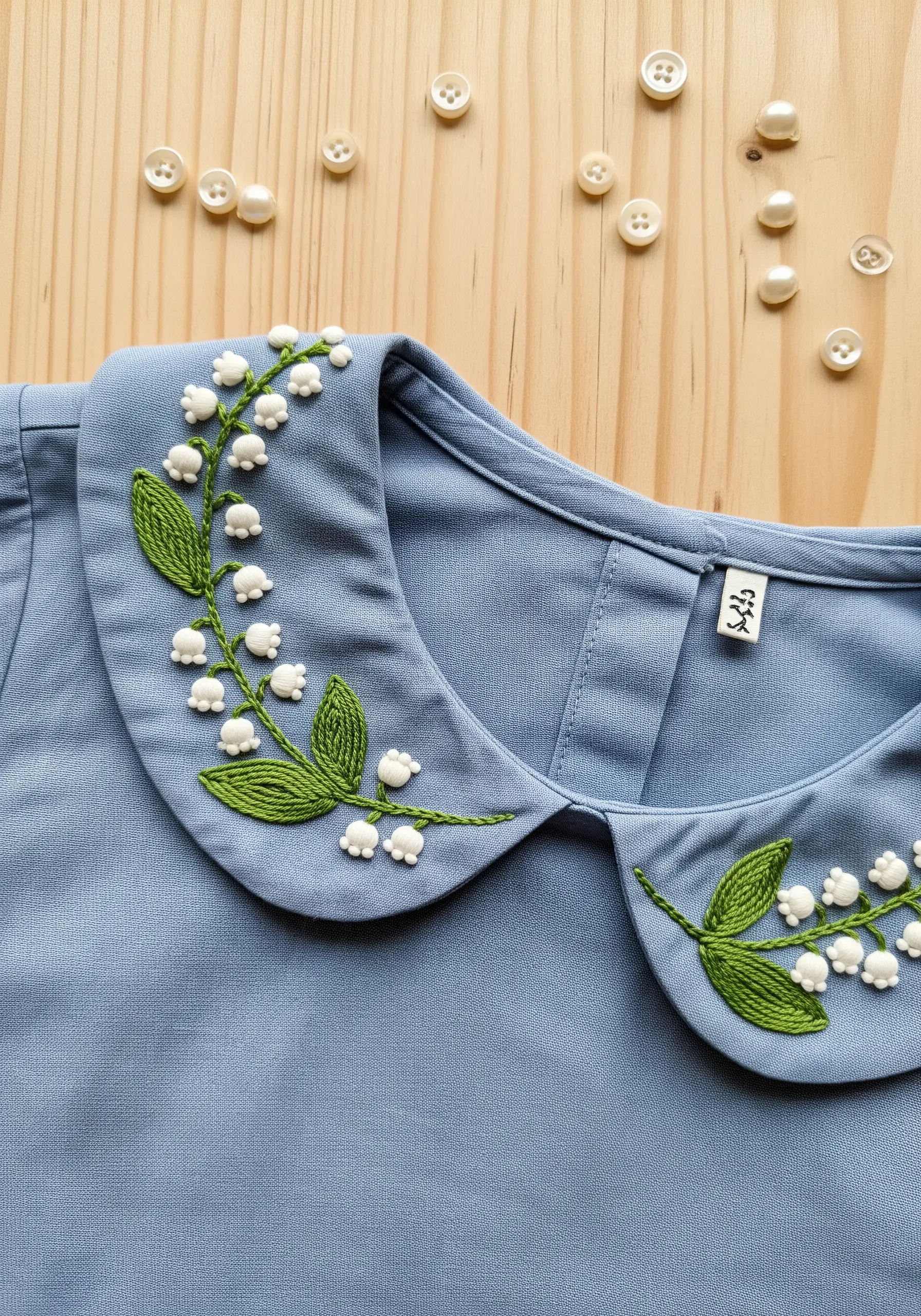 Lily of the valley flowers with raised white bells embroidered along a blue Peter Pan collar.