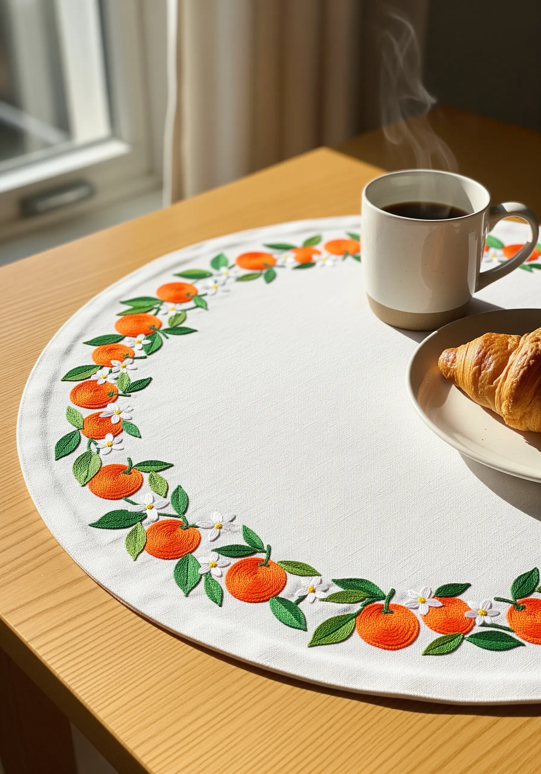 A circular border of embroidered oranges, green leaves, and white blossoms on a placemat.