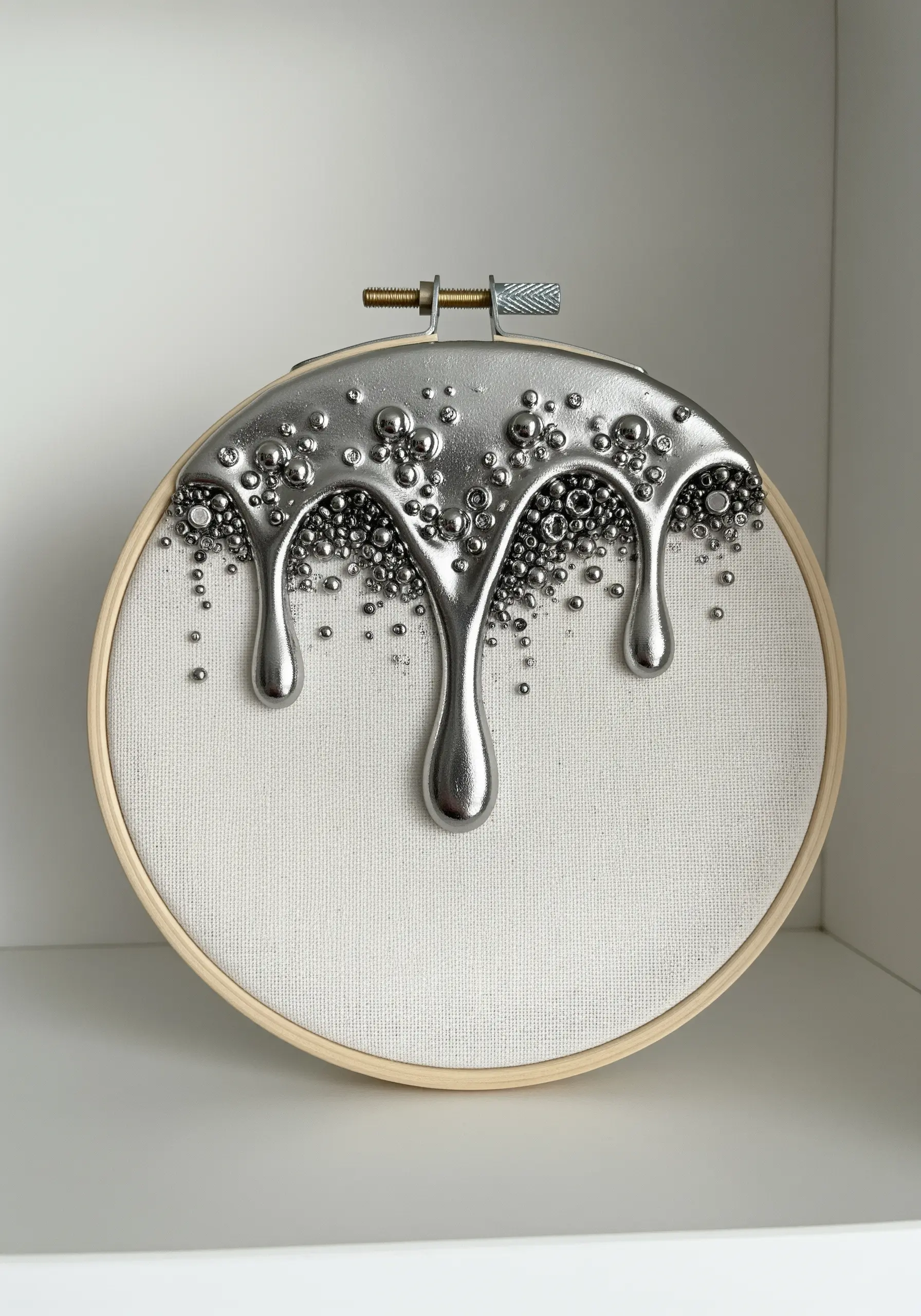 3D liquid silver paint drips on white fabric, embedded with metallic beads.