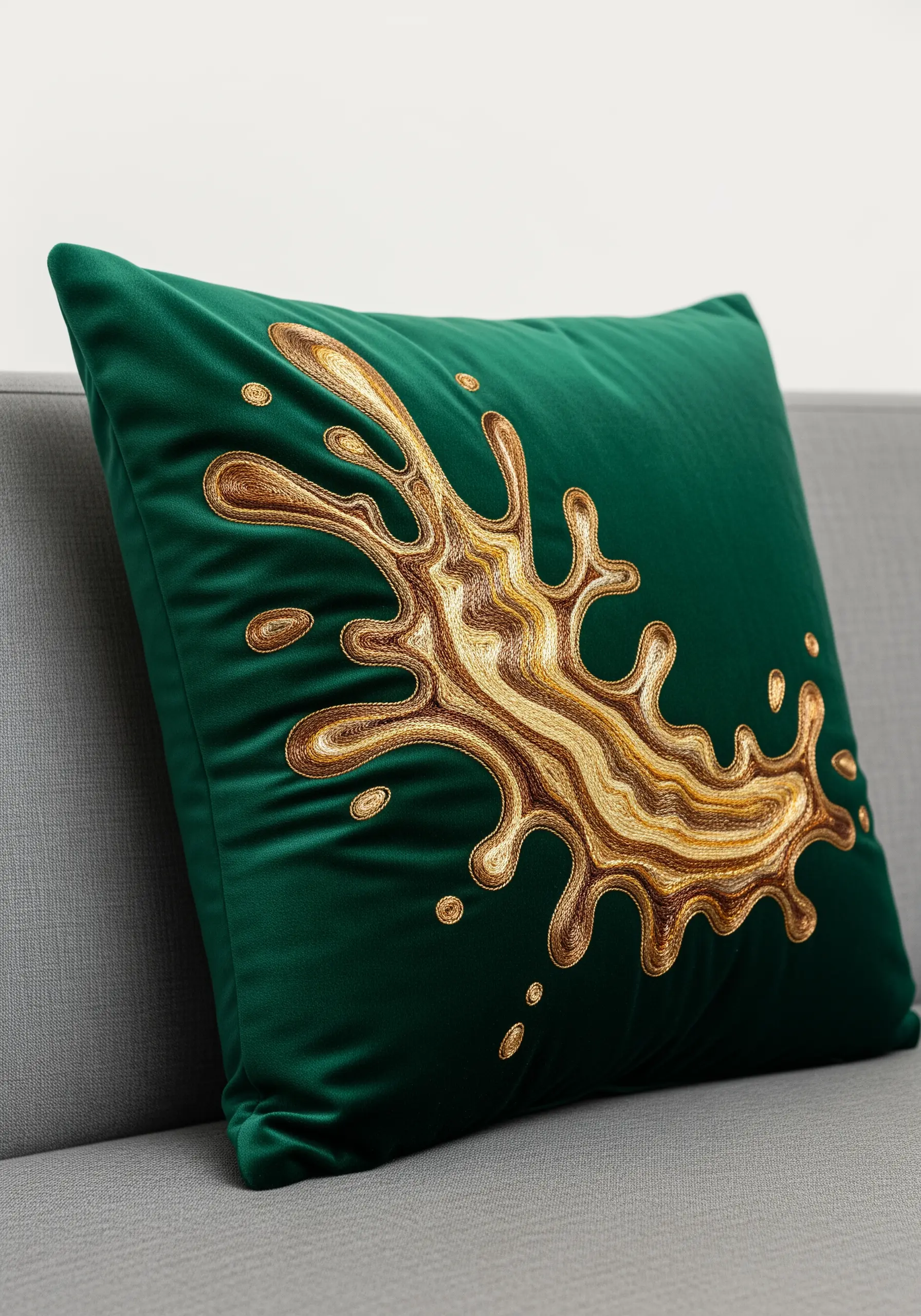 Abstract liquid gold splash embroidered on a dark green velvet cushion.