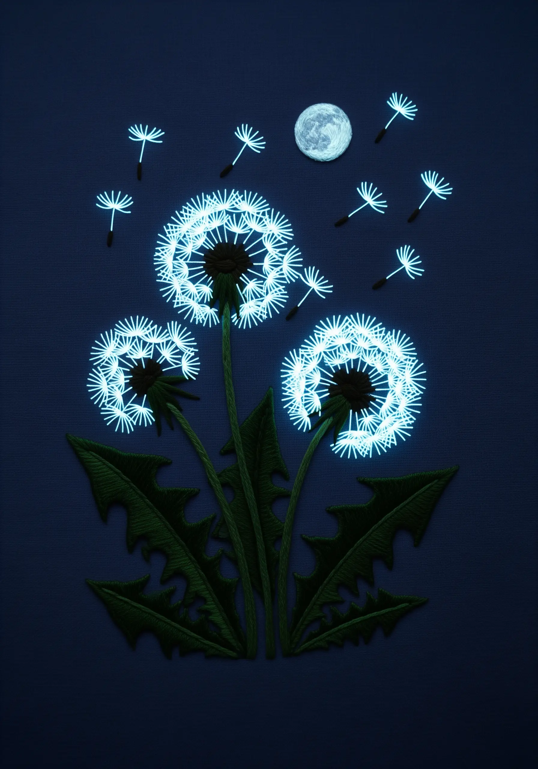 Embroidery of dandelions on dark blue fabric, with the seed heads glowing a bright neon blue.