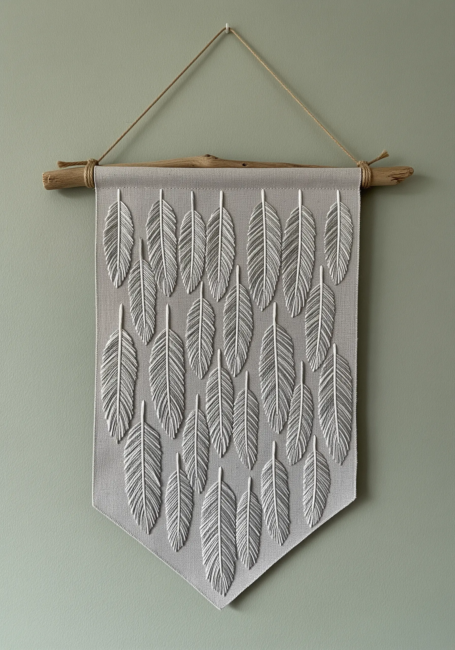 A grey wall hanging with a grid of white embroidered feathers in padded satin stitch.