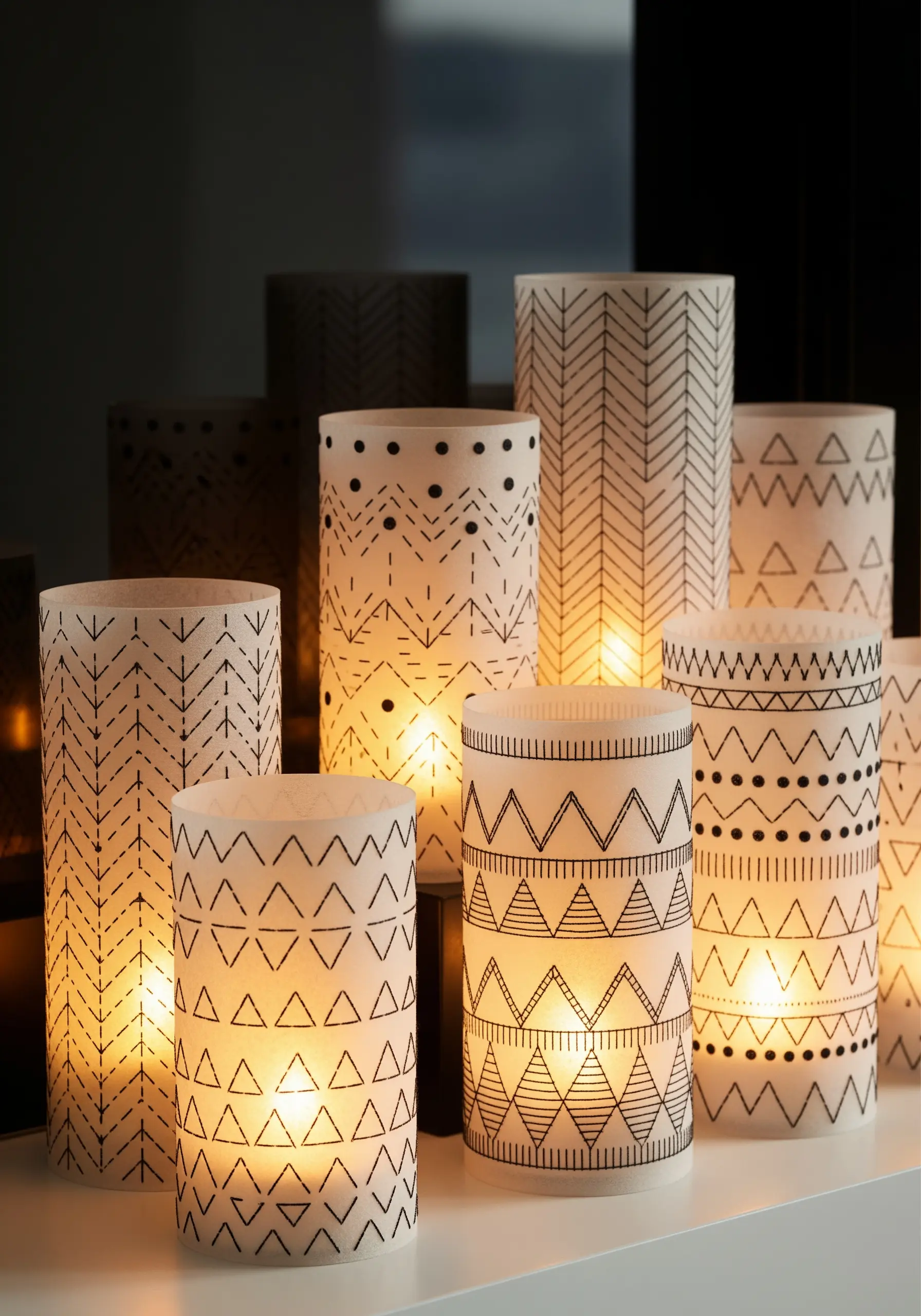 Translucent paper luminaries decorated with black hand-stitched geometric patterns.