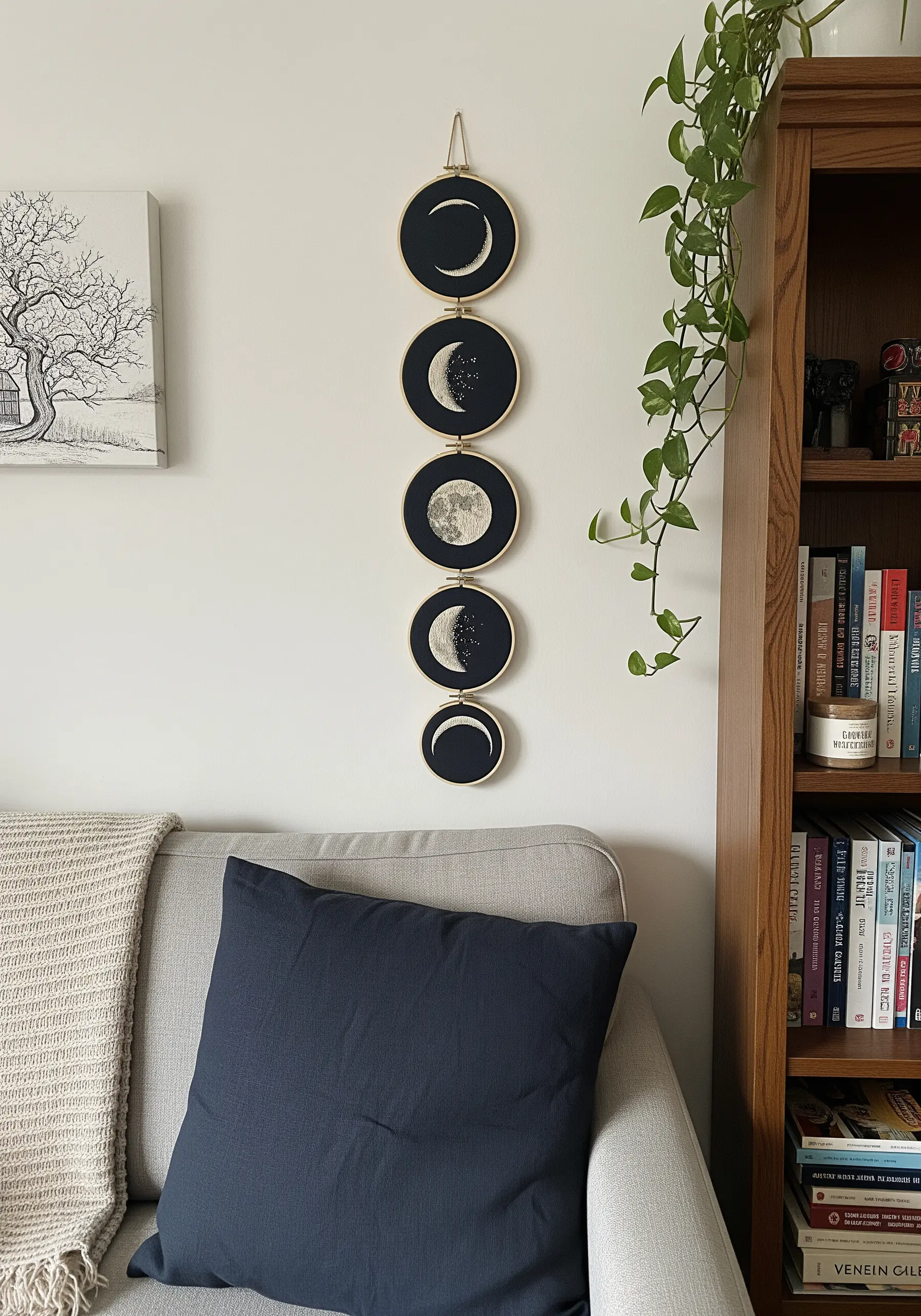A vertical display of five embroidery hoops showing the phases of the moon.