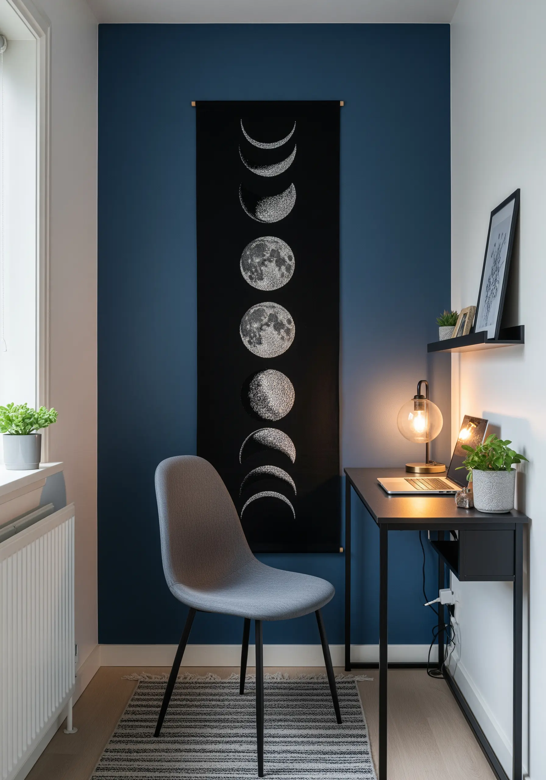 A long black wall banner embroidered with the phases of the moon in textured detail.